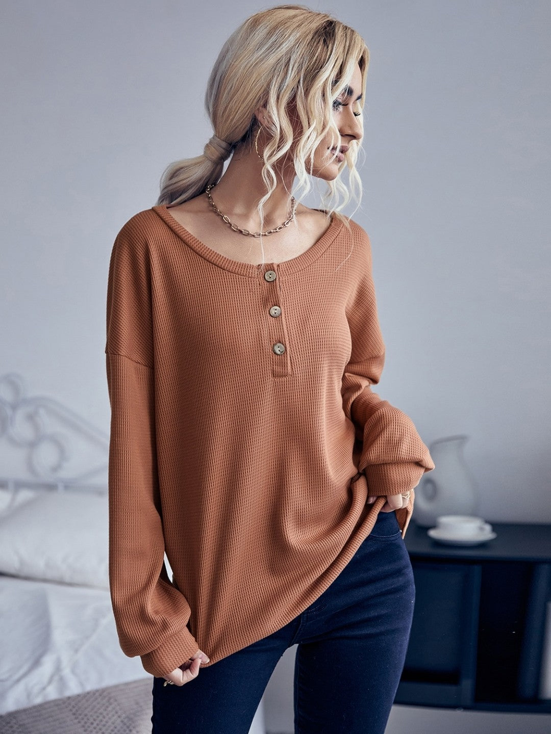 Brown Round Neck Solid Long Sleeves Cotton Sweater