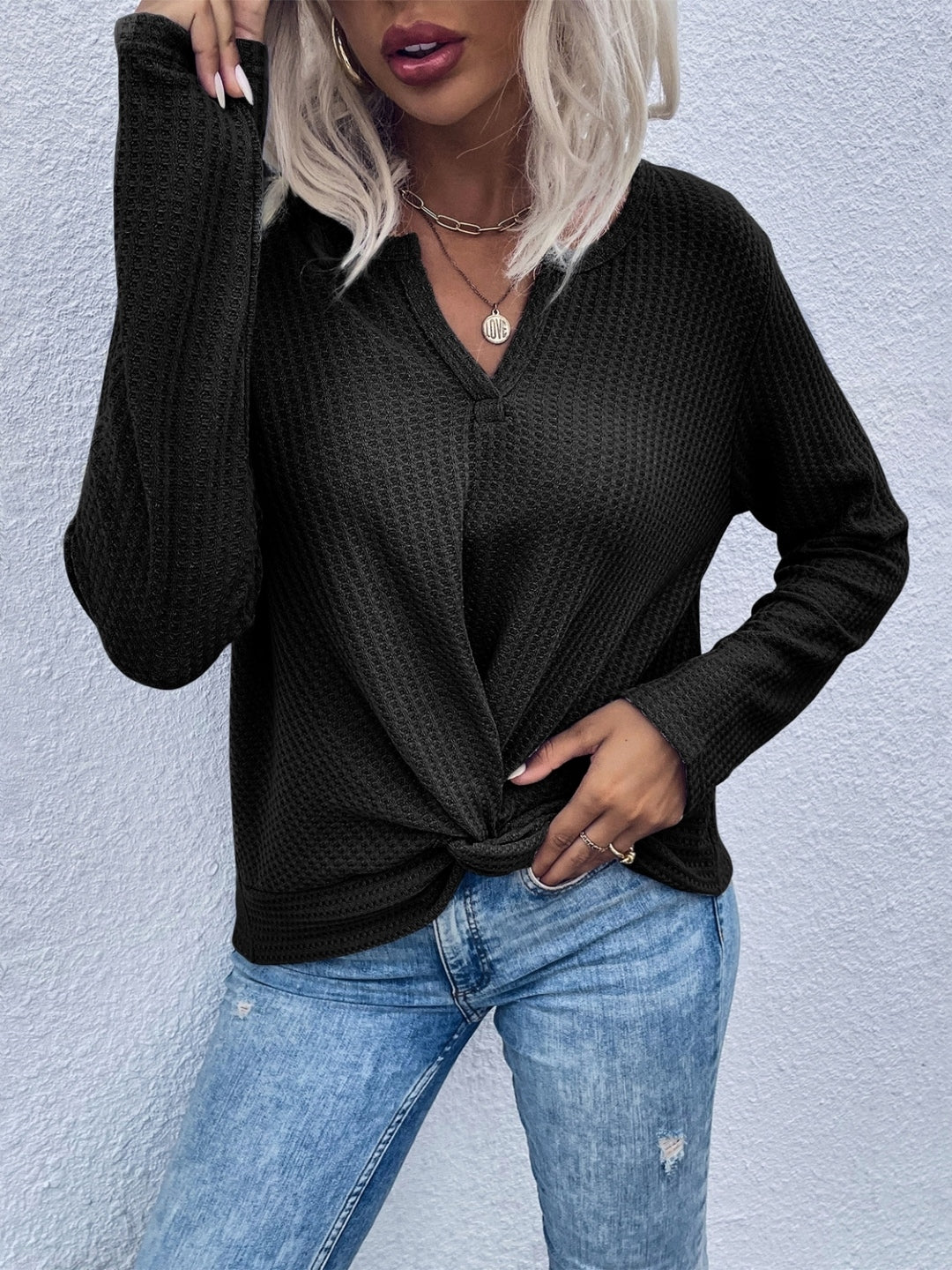 Black V-Neck Solid Long Sleeves Cotton Top