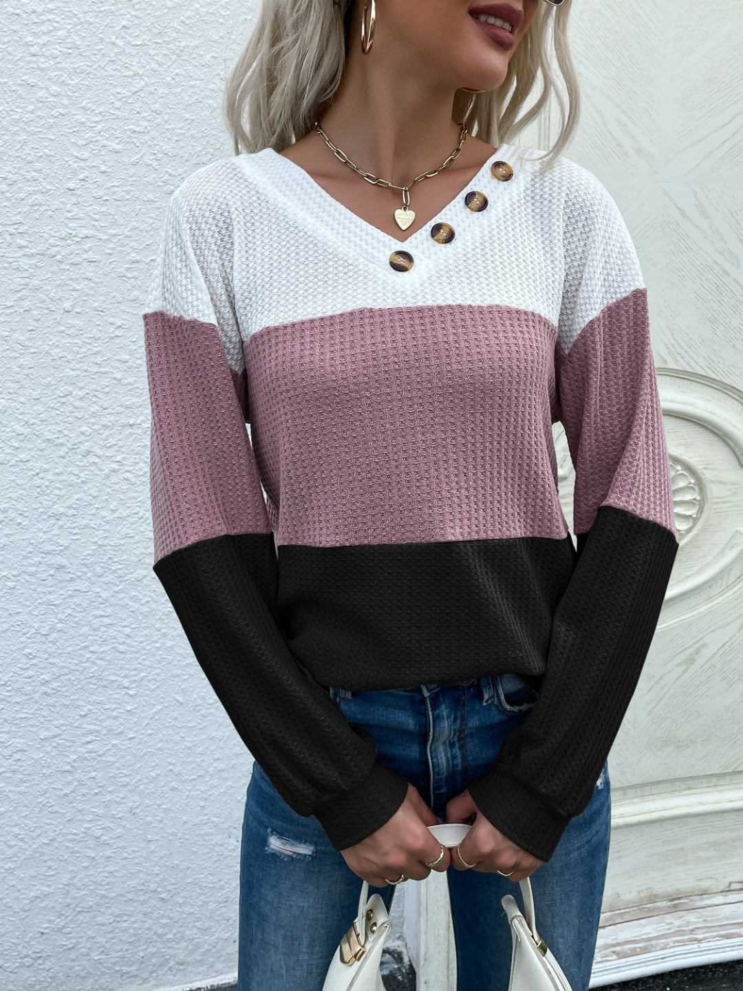 Black V-Neck Colourblocked Long Sleeves Cotton Sweater