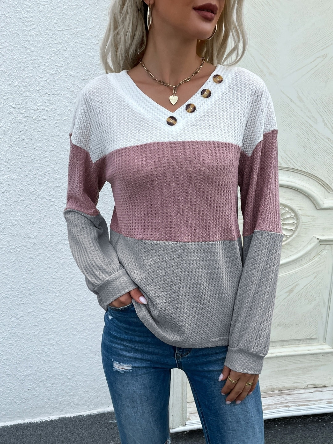 Grey V-Neck Colourblocked Long Sleeves Cotton Sweater