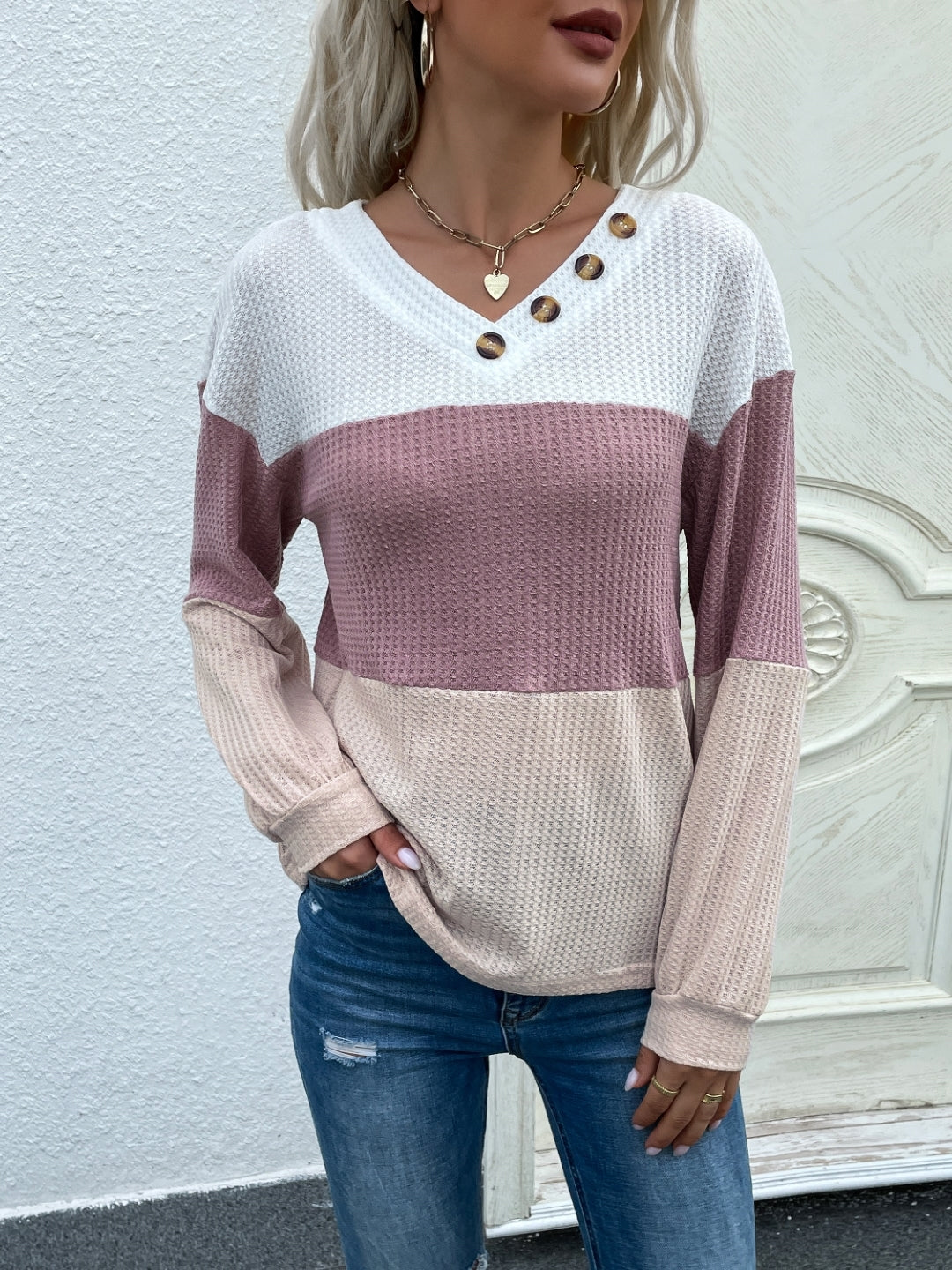 Pink V-Neck Colourblocked Long Sleeves Cotton Sweater