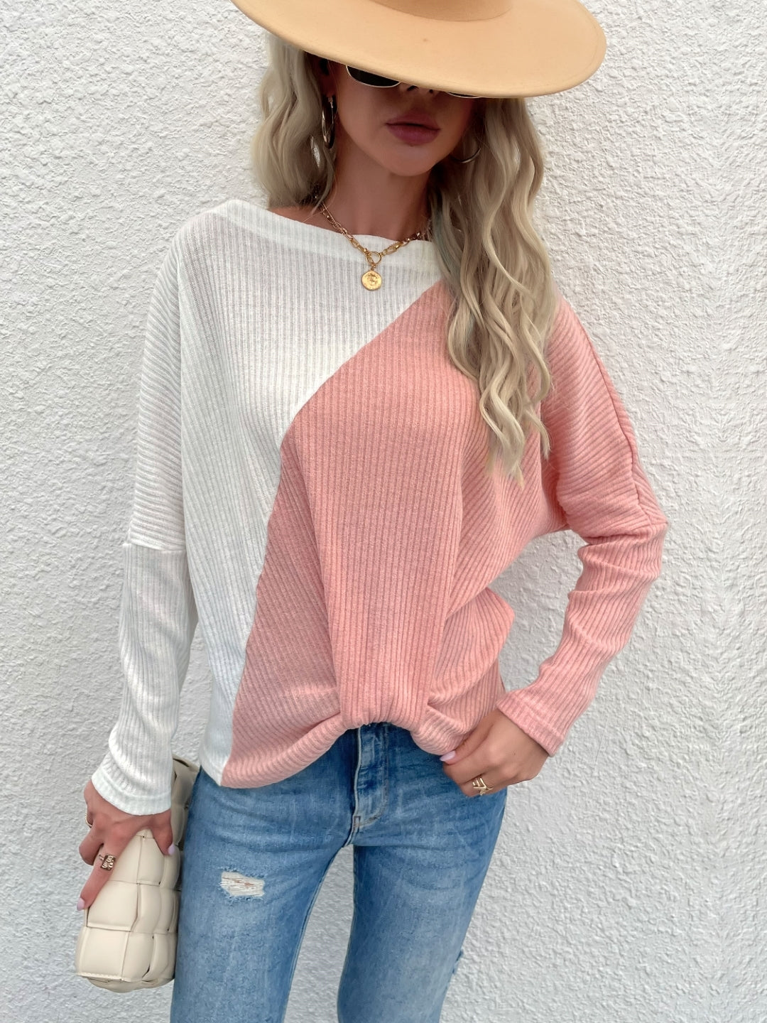 Pink Round Neck Colourblocked Long Sleeves Cotton Sweater