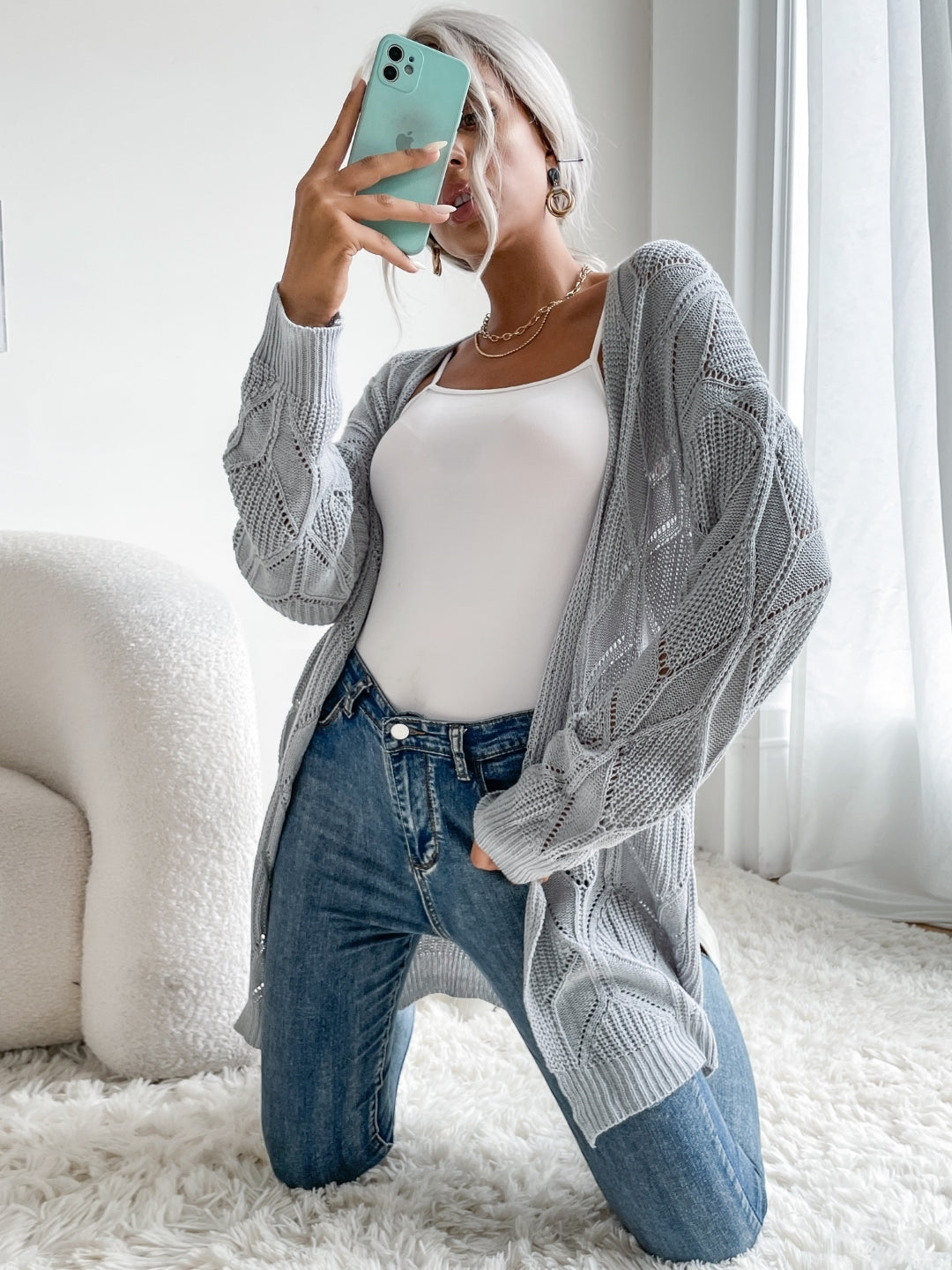 Grey V-Neck Solid Long Sleeves Polyester Cardigan