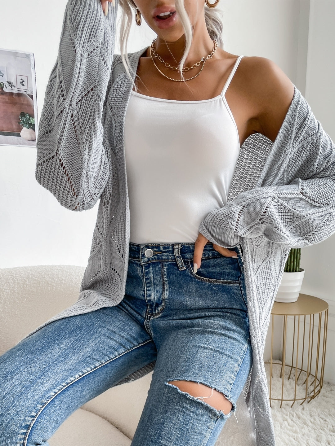 Grey V-Neck Solid Long Sleeves Polyester Cardigan