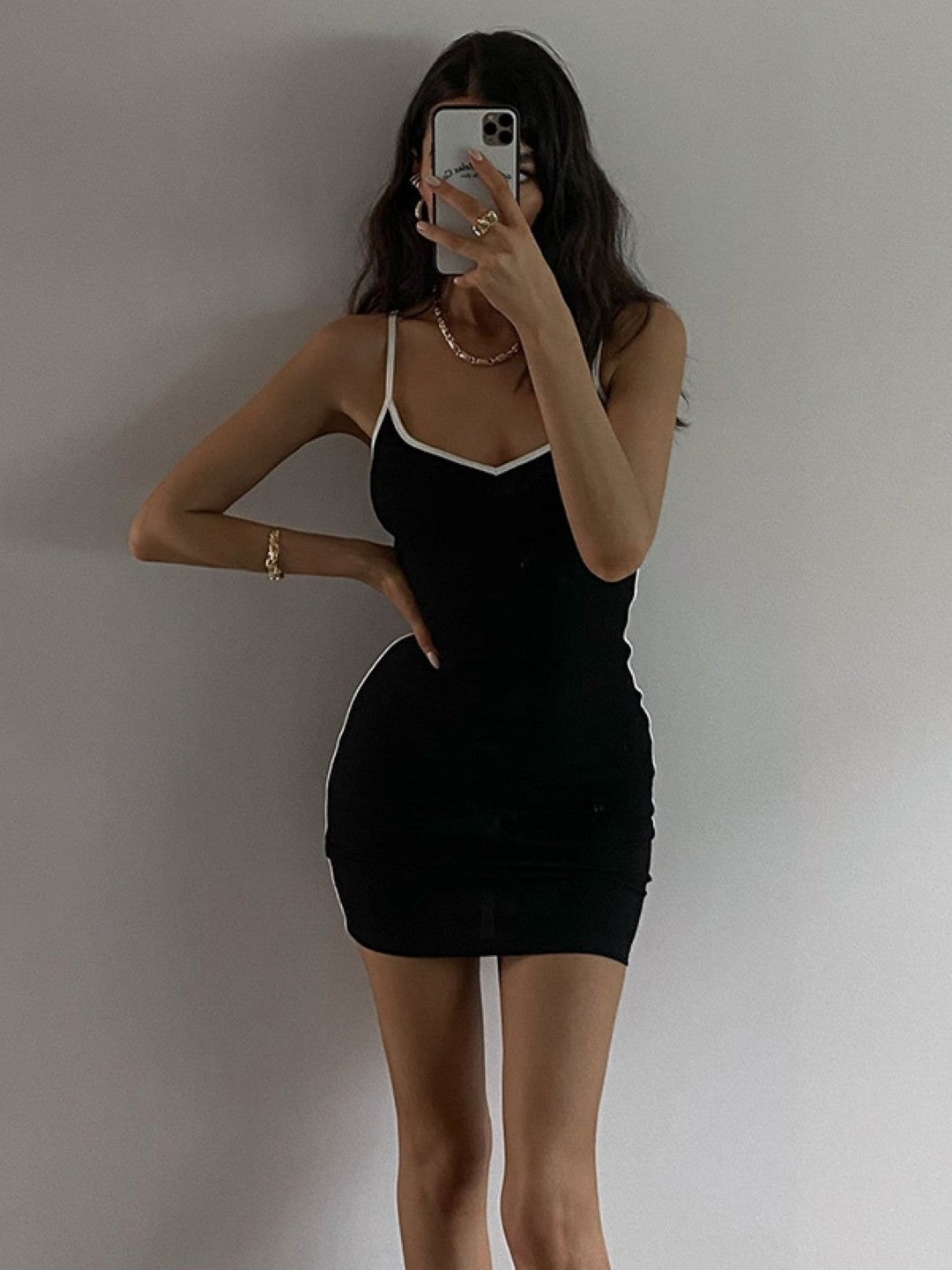 Black Shoulder Strap Sleeveless Solid Polyester Bodycon Dress