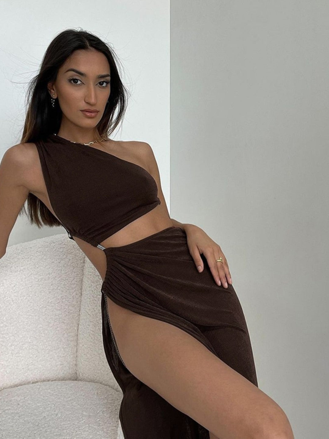 Brown One Shoulder Sleeveless Solid Polyester Cutout Bodycon Side Slit Dress