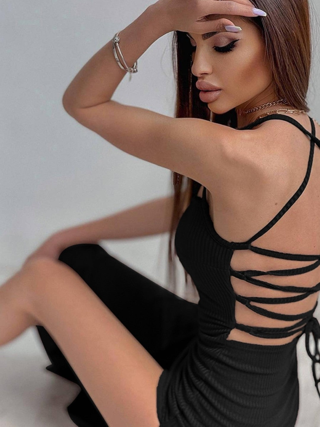 Black Shoulder Strap Sleeveless Solid Polyester Bodycon Side Slit Dress