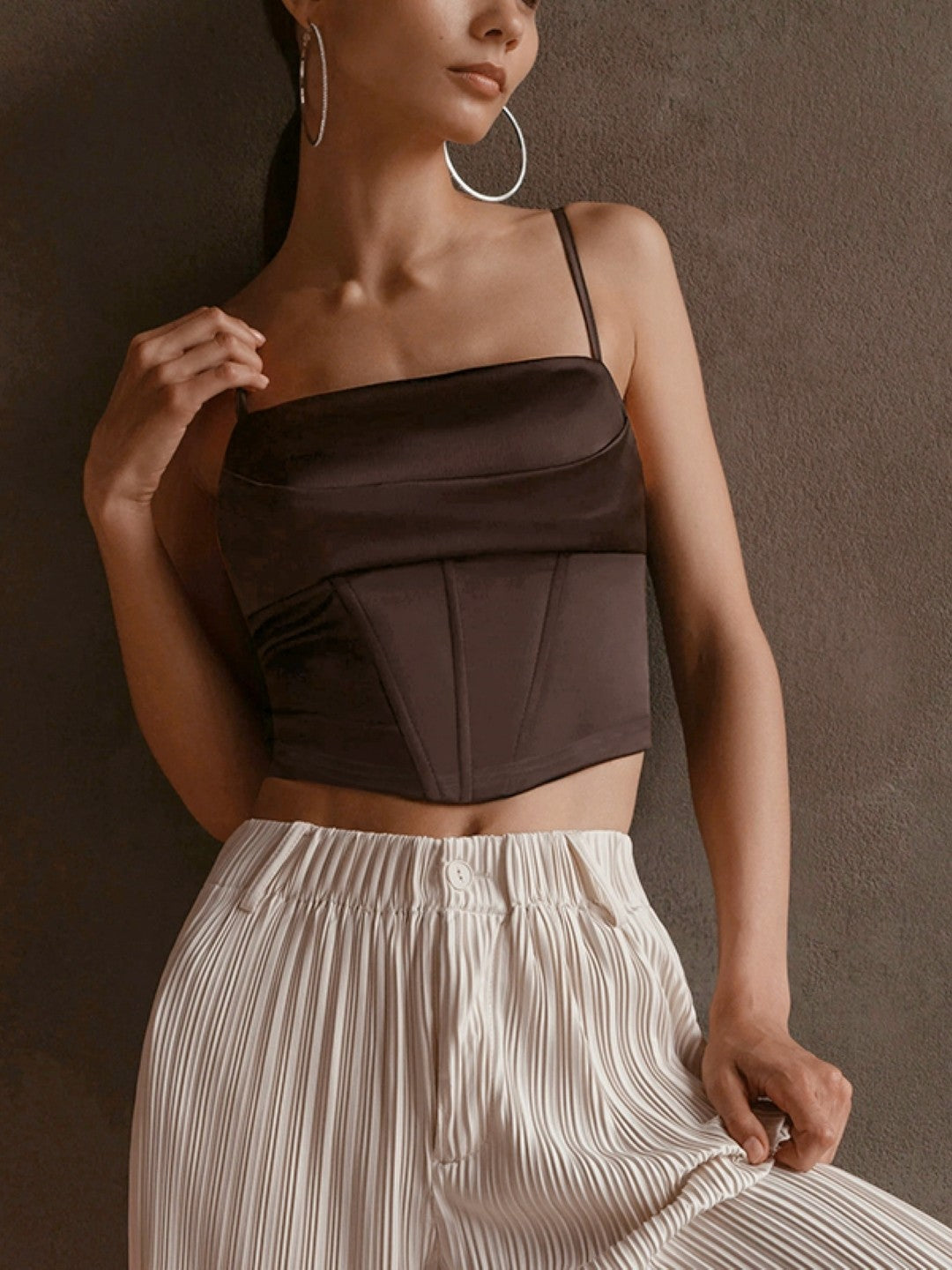 Brown Shoulder Straps Solid Sleeveless Polyester Crop Top