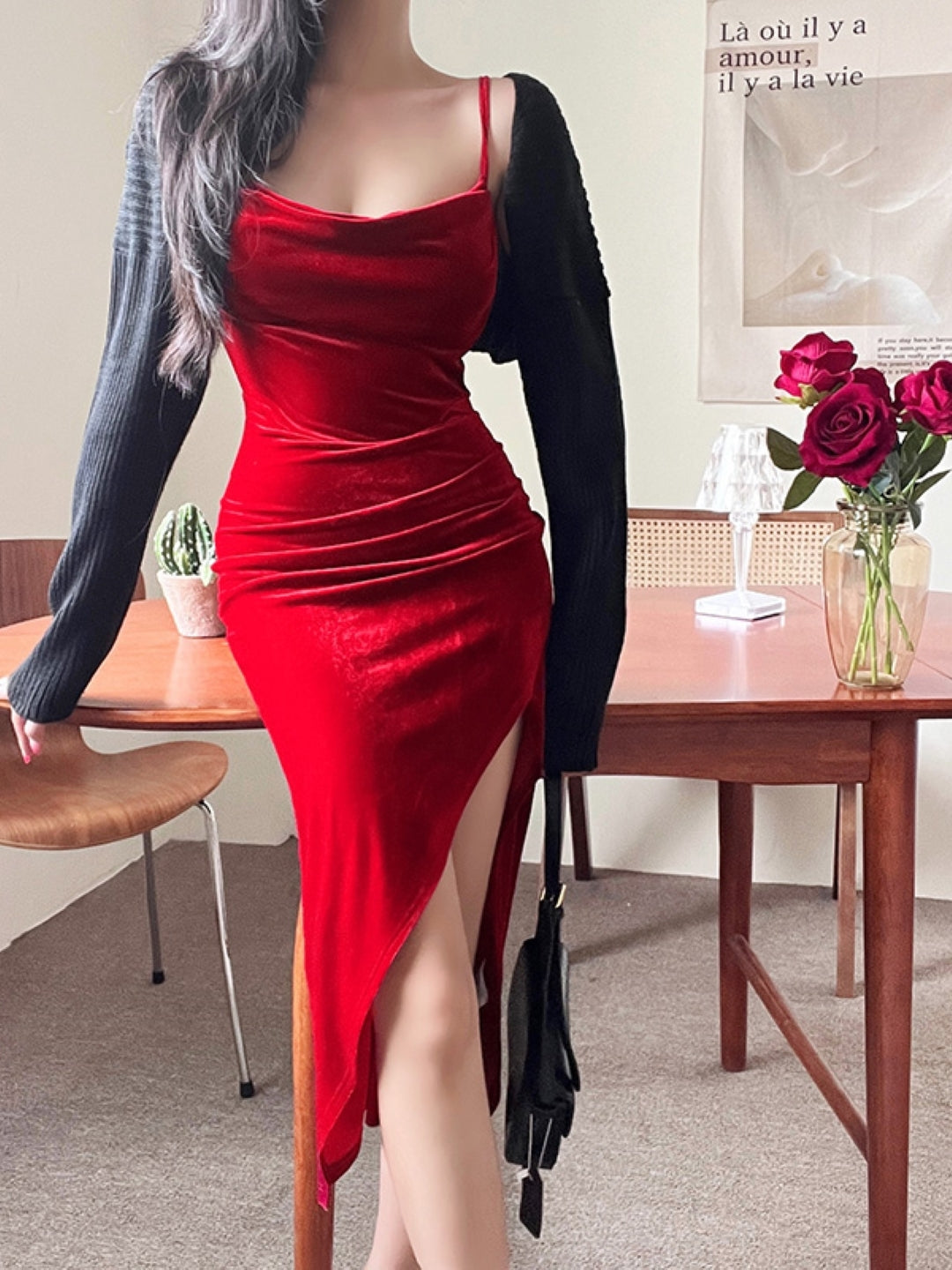 Red Shoulder Strap Sleeveless Solid Polyester Bodycon Side Slit Dress