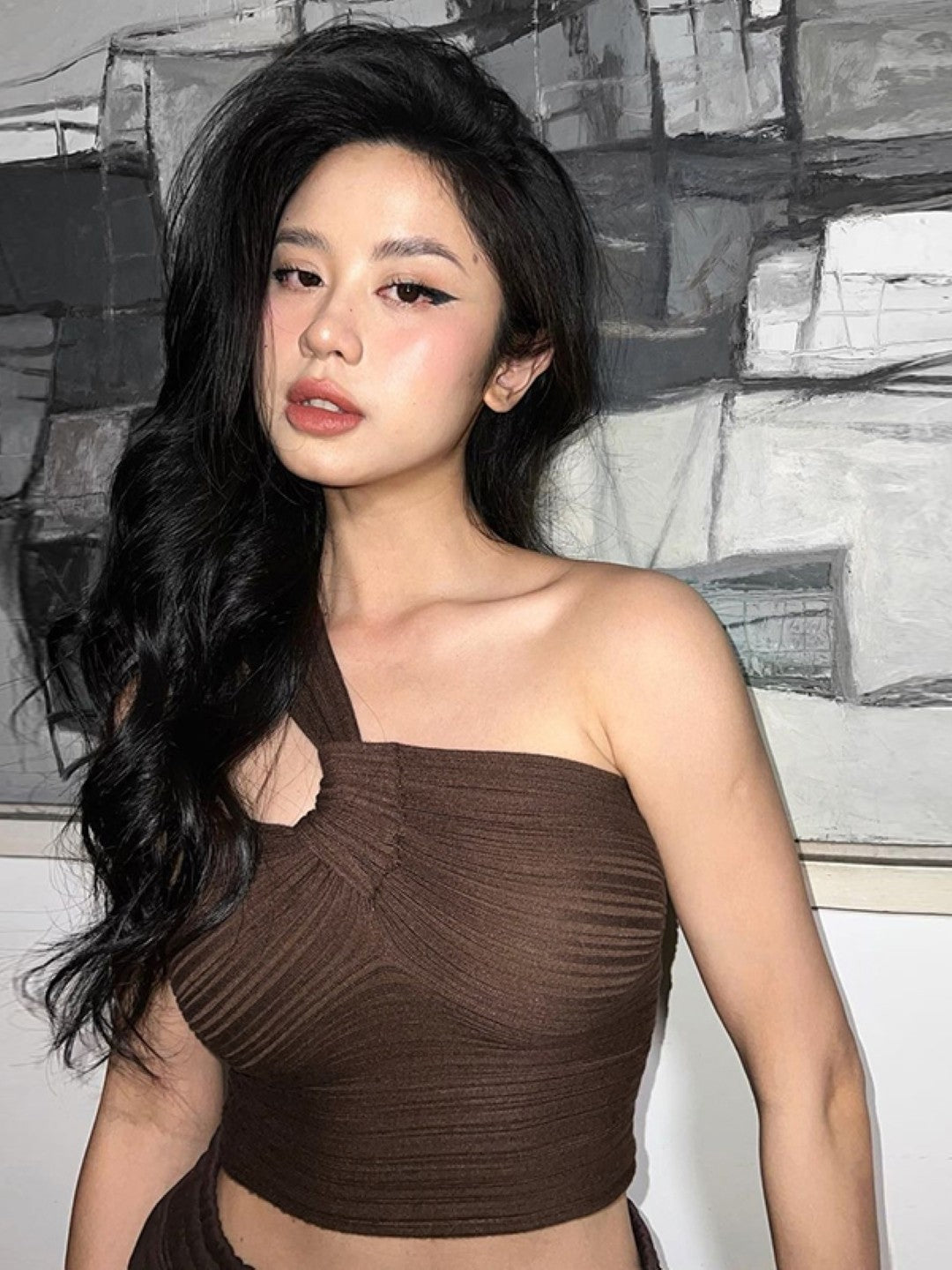 Brown One Shoulder Solid Sleeveless Polyester Crop Top