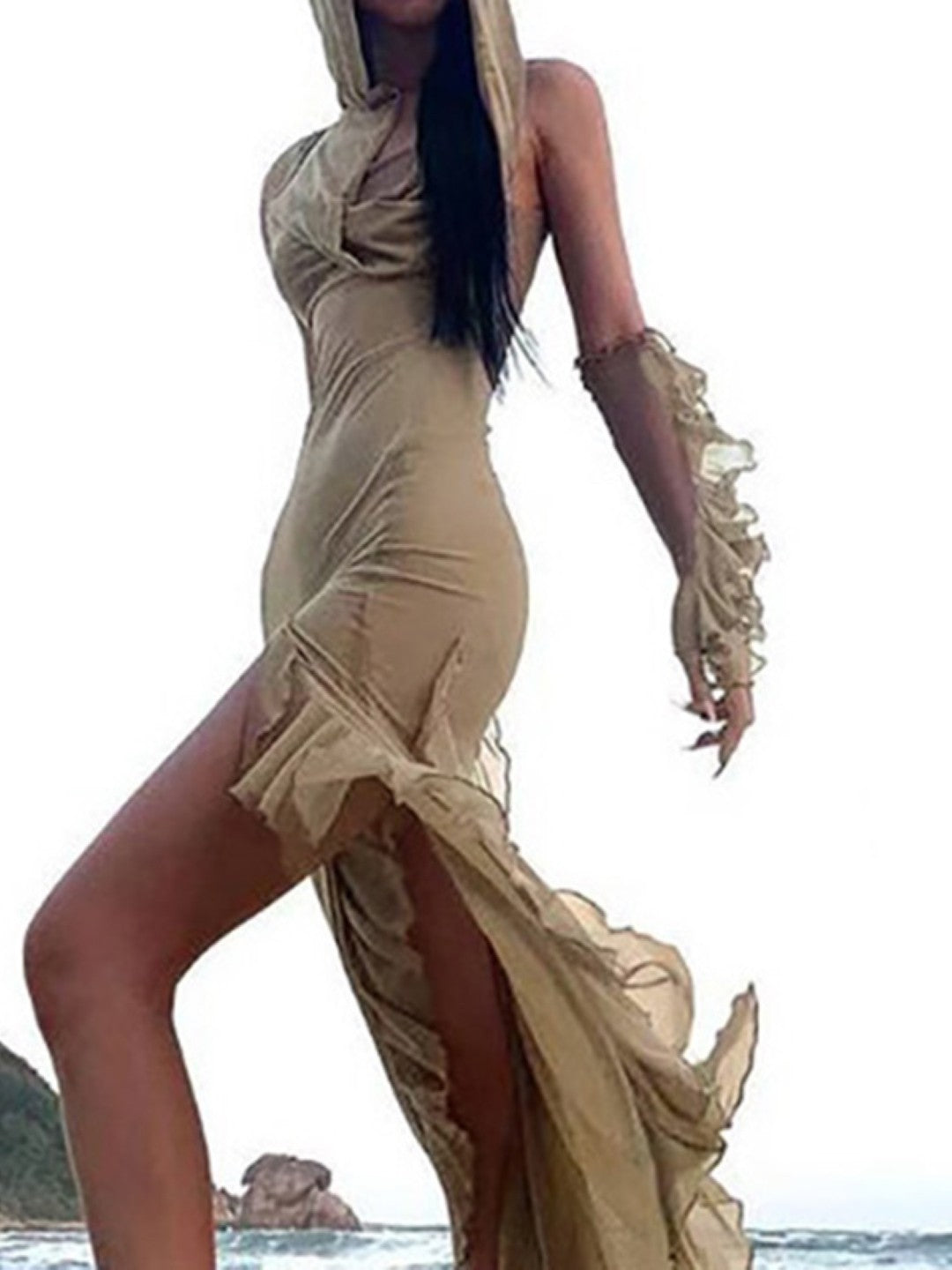 Khaki Hood Neck Sleeveless Solid Polyester Bodycon Side Slit Dress