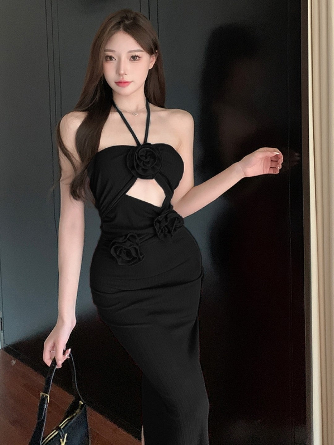 Black Shoulder Strap Sleeveless Solid Polyester Bodycon Dress