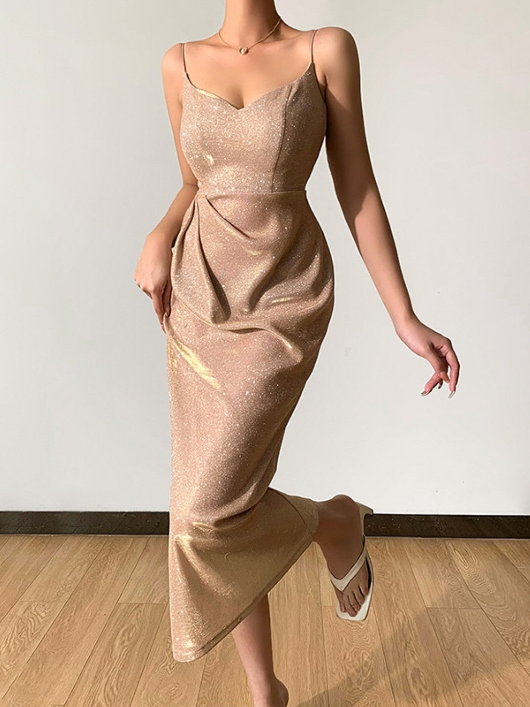 Brown Shoulder Strap Sleeveless Solid Polyester Bodycon Side Slit Dress