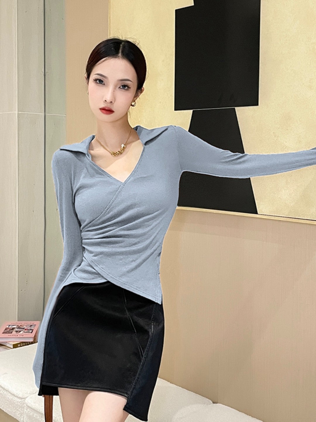 Blue V-Neck Solid Long Sleeves Polyester Top