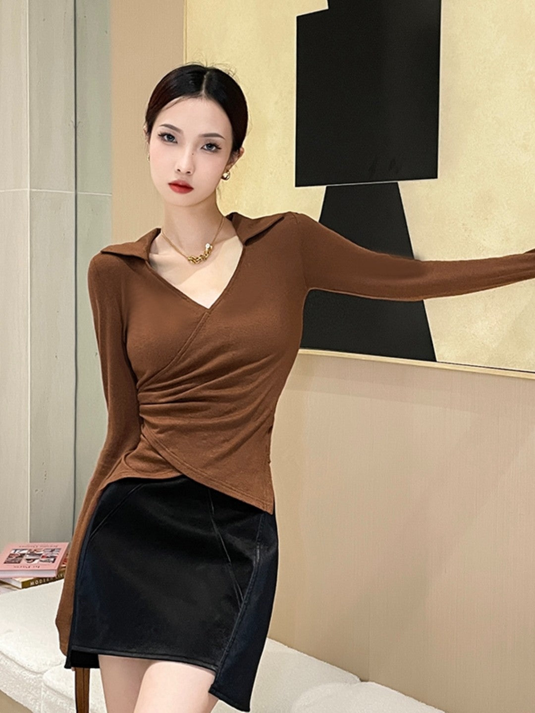 Brown V-Neck Solid Long Sleeves Polyester Top