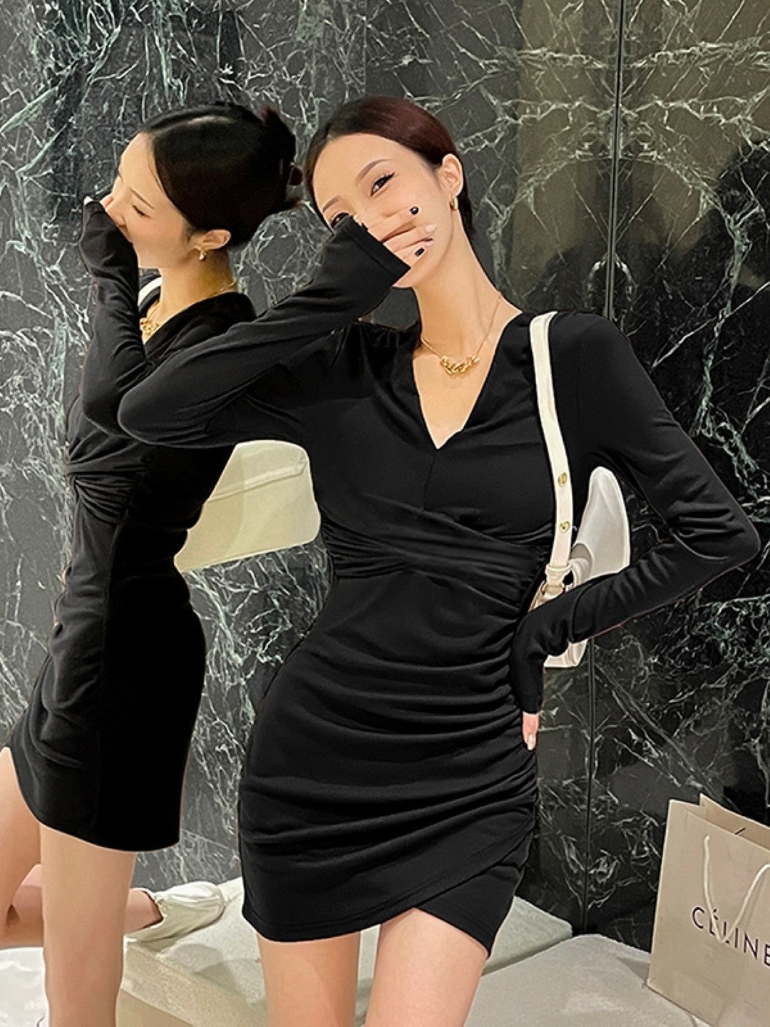 Black V-Neck Long Sleeves Solid Polyester Bodycon Dress