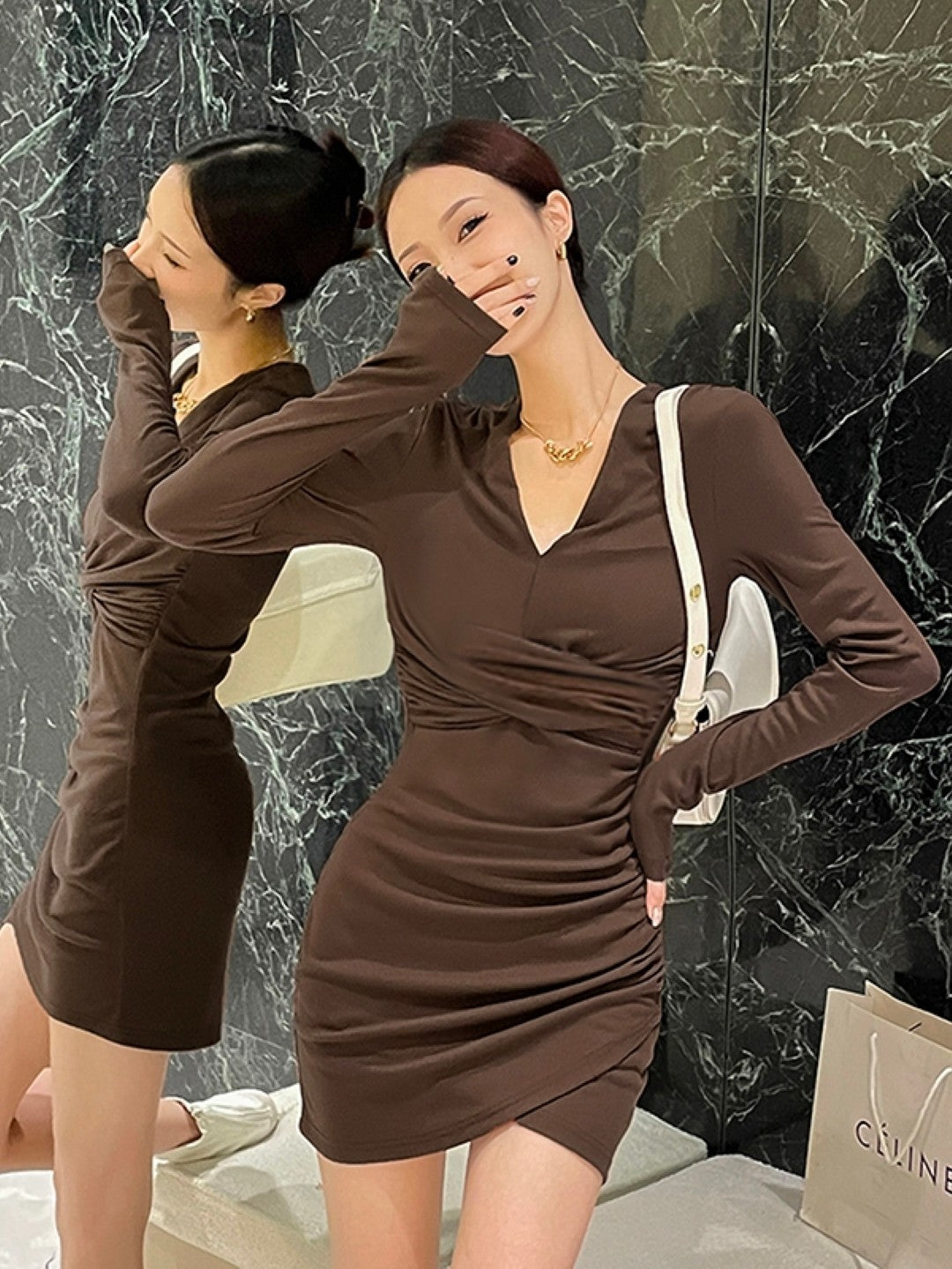 Brown V-Neck Long Sleeves Solid Polyester Bodycon Dress