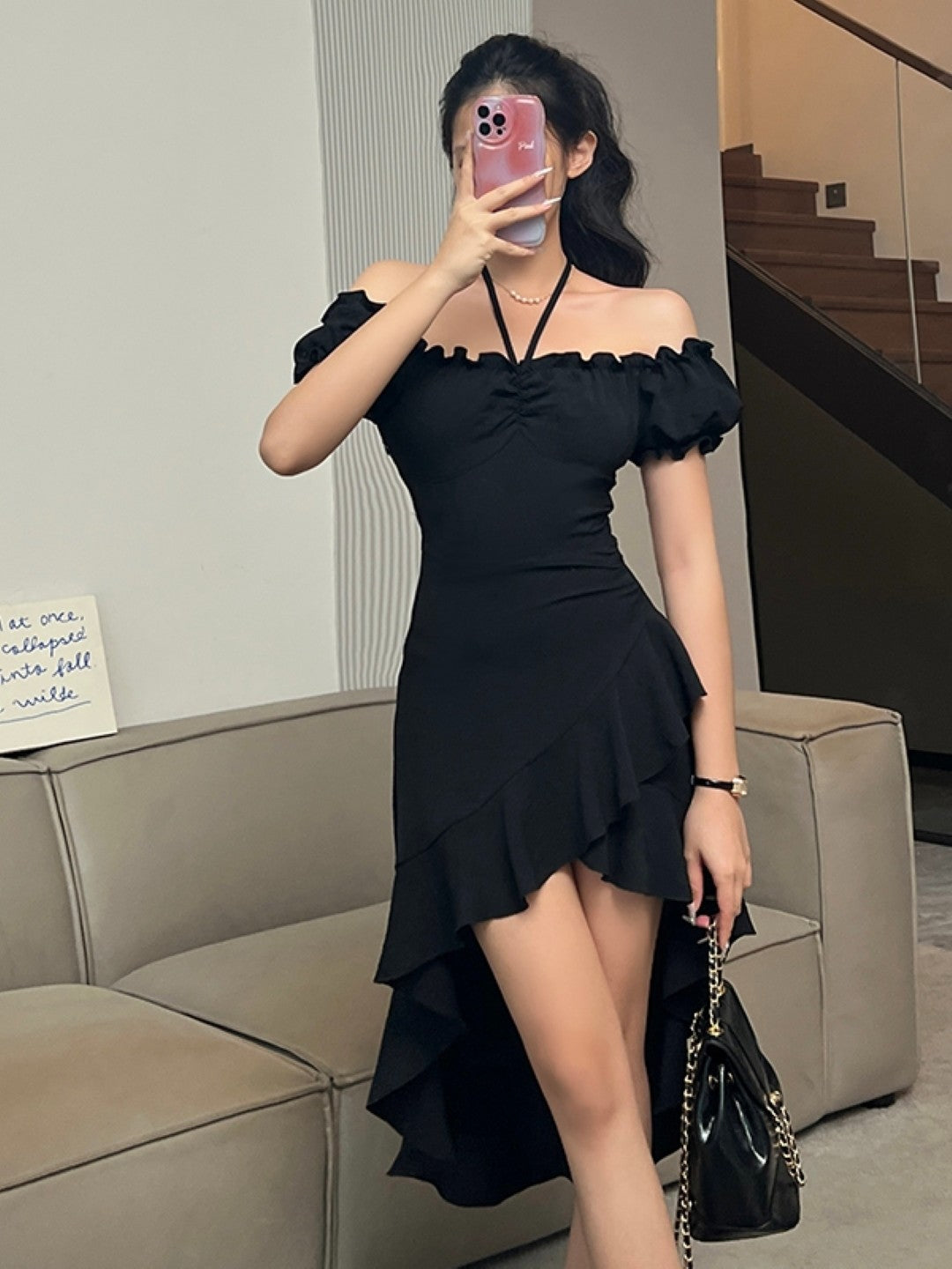 Black Off Shoulder Short Sleeves Solid Polyester A-Line Dress