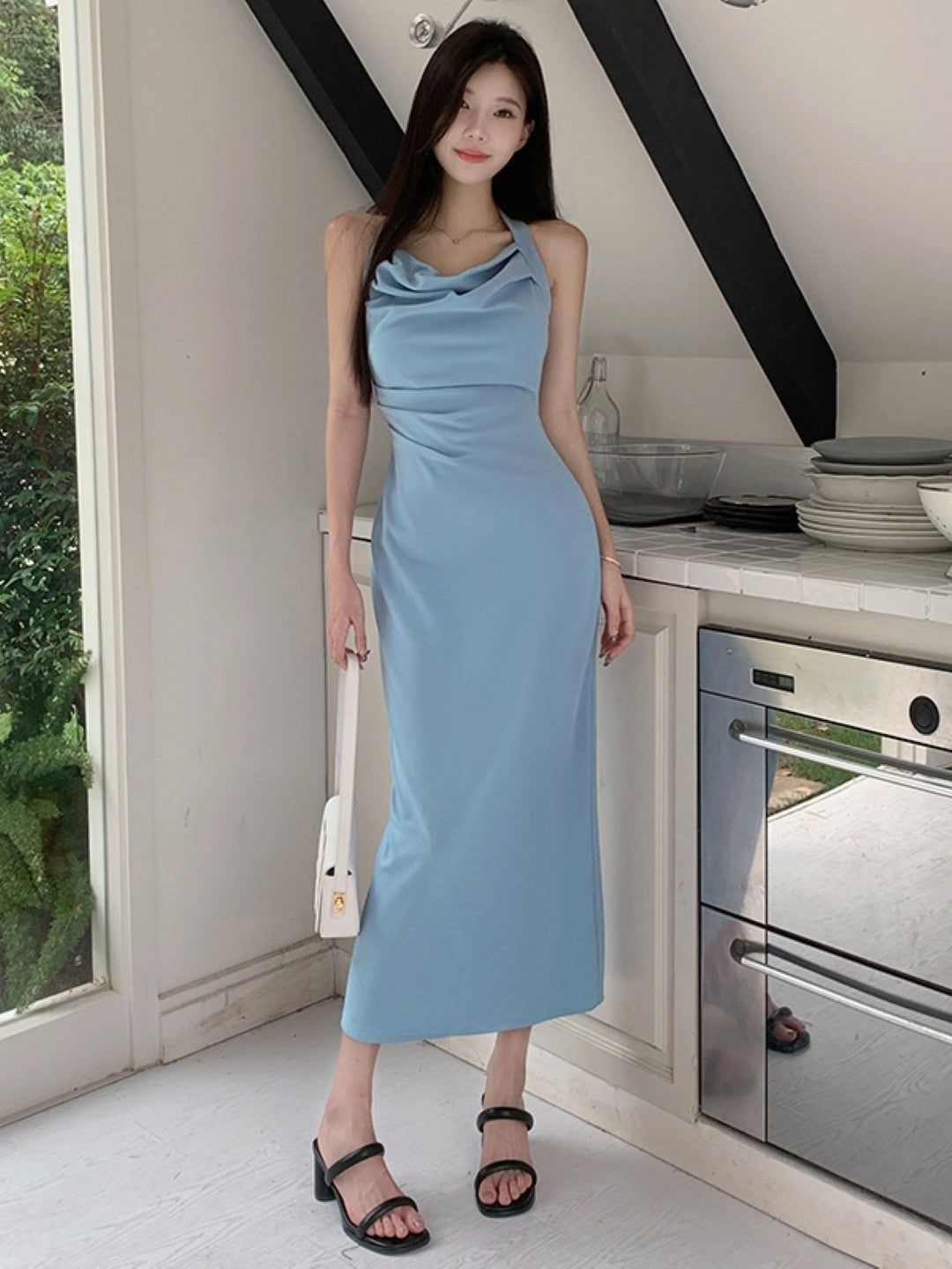 Blue Round Neck Sleeveless Solid Polyester Bodycon Dress