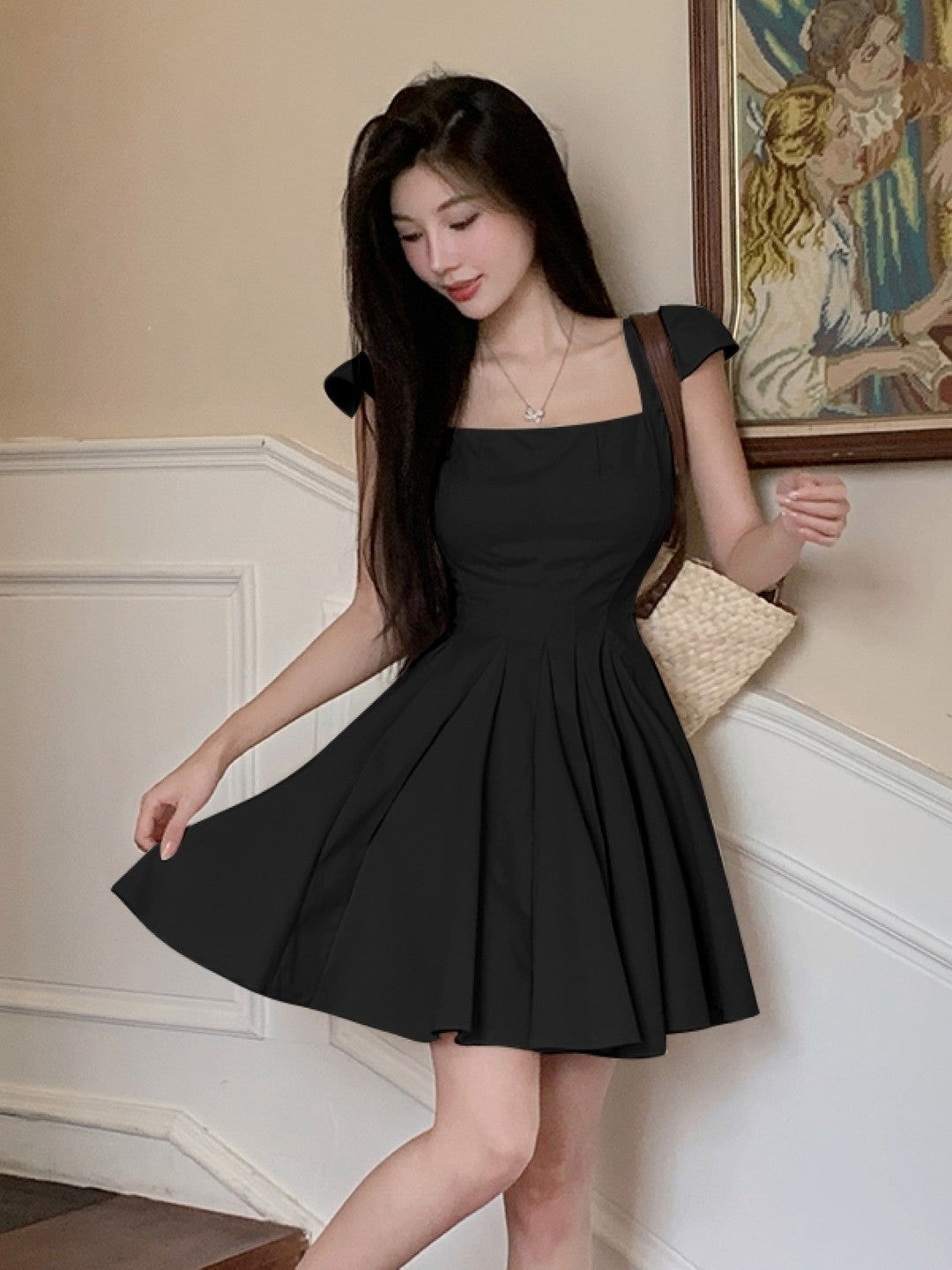 Black Square Neck Short Sleeves Solid Polyester Bodycon Dress