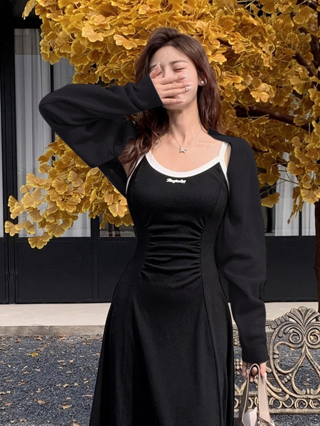 Black Square Neck Long Sleeves Solid Viscose Front Open Dress