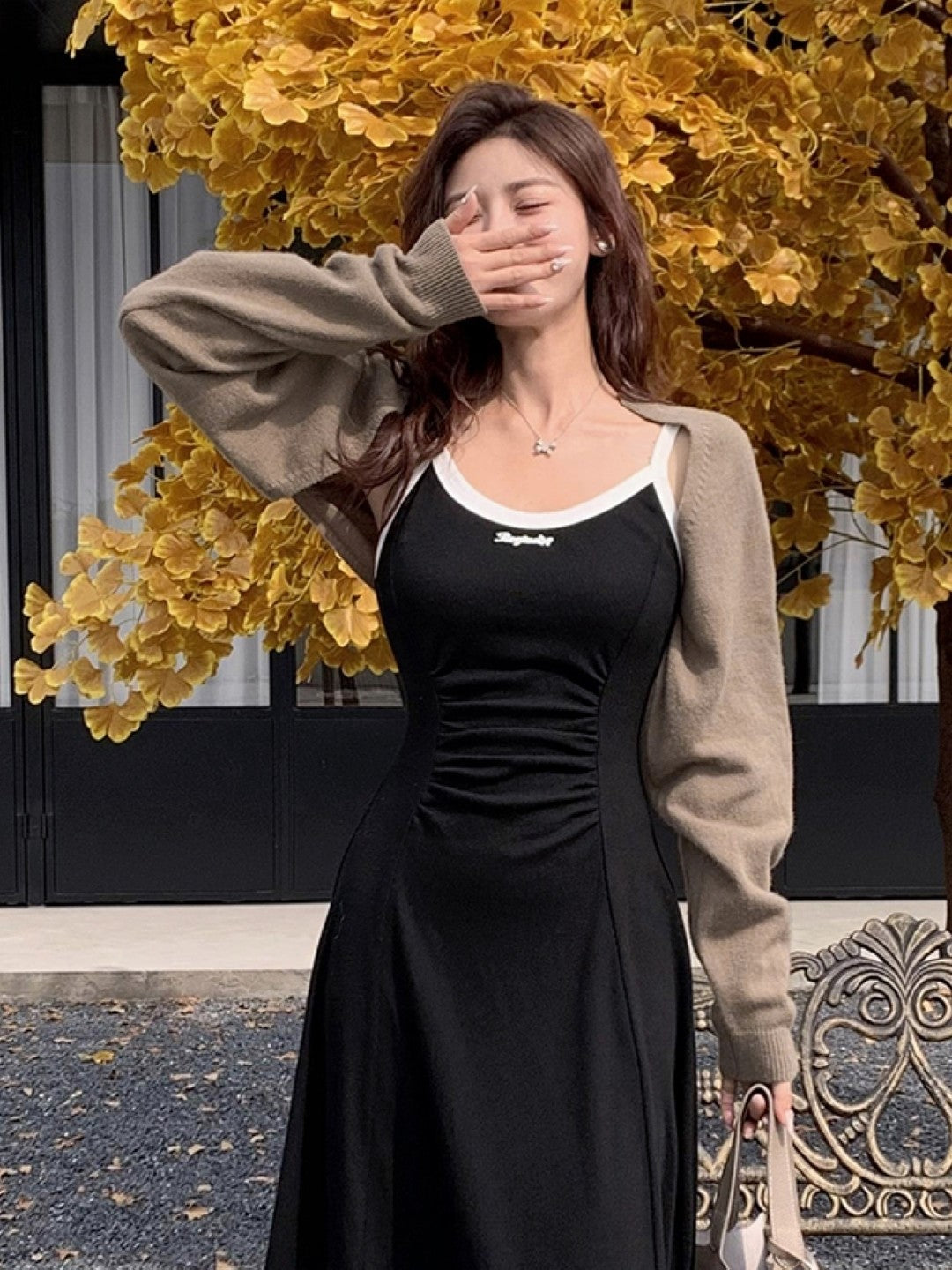 Brown Square Neck Long Sleeves Solid Viscose Front Open Dress