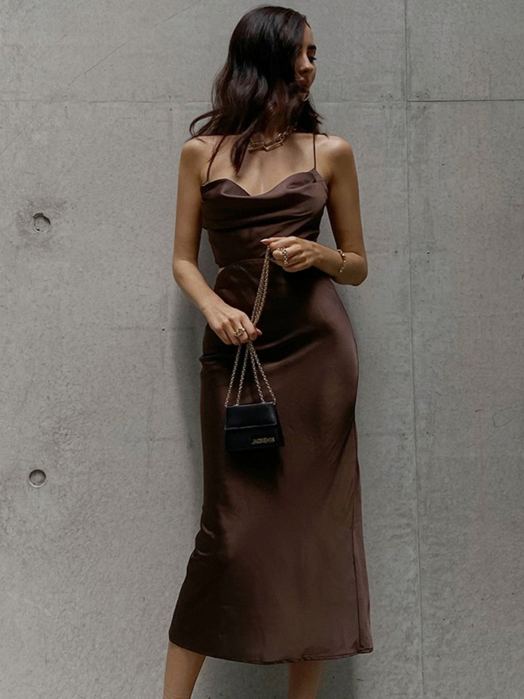 Brown Shoulder Strap Sleeveless Solid Polyester Bodycon Dress