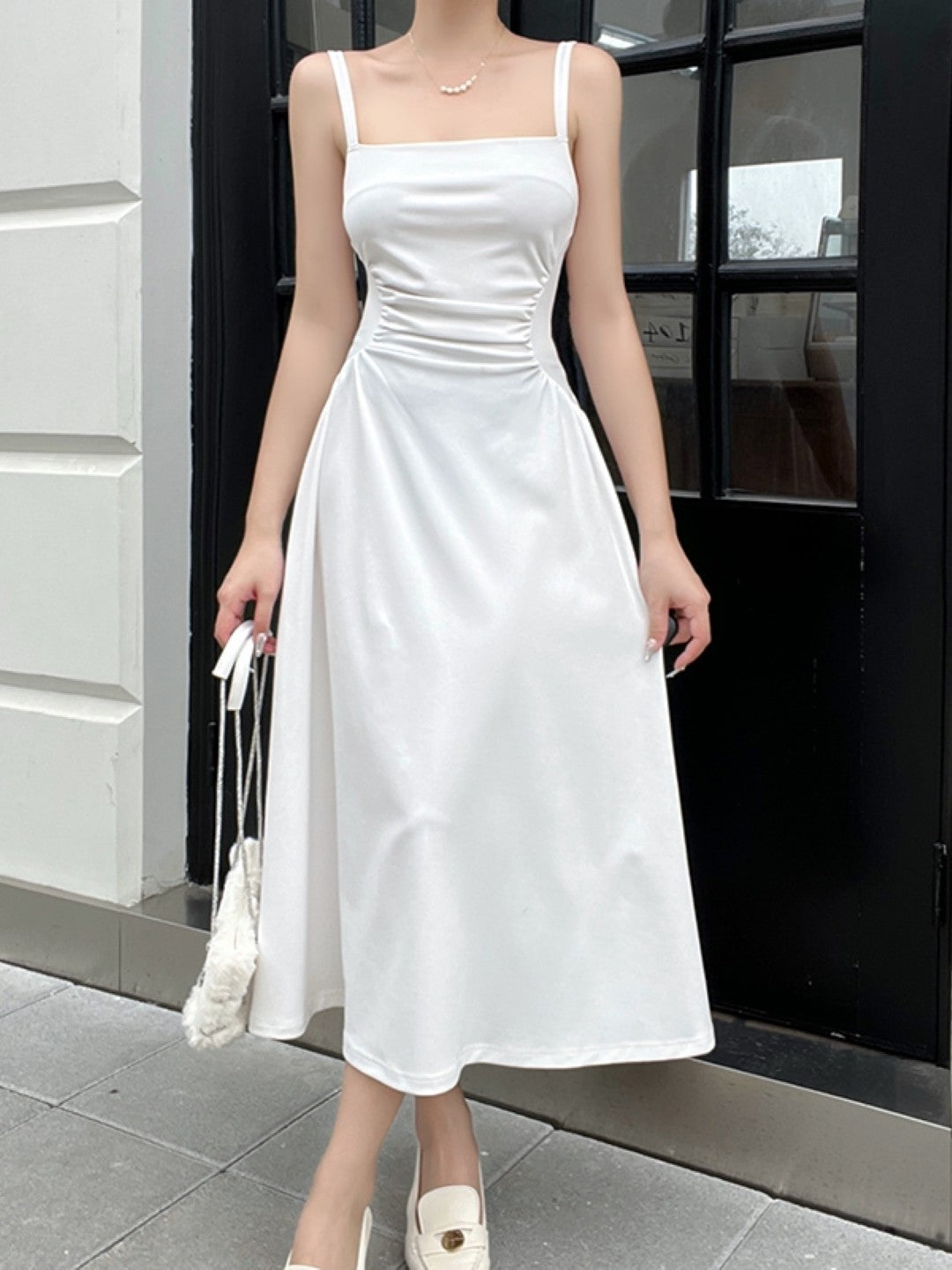 White Square Neck Sleeveless Solid Polyester A-Line Dress