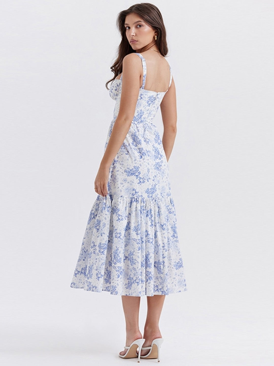 Blue Shoulder Strap Sleeveless Printed Polyester A-Line Dress