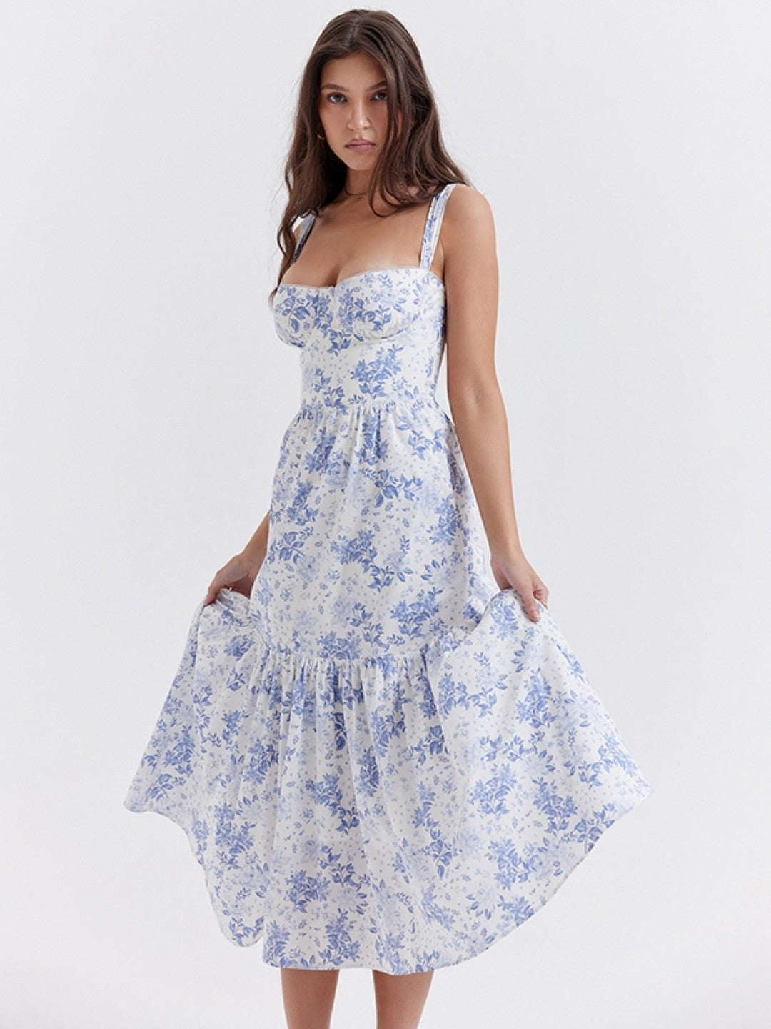 Blue Shoulder Strap Sleeveless Printed Polyester A-Line Dress