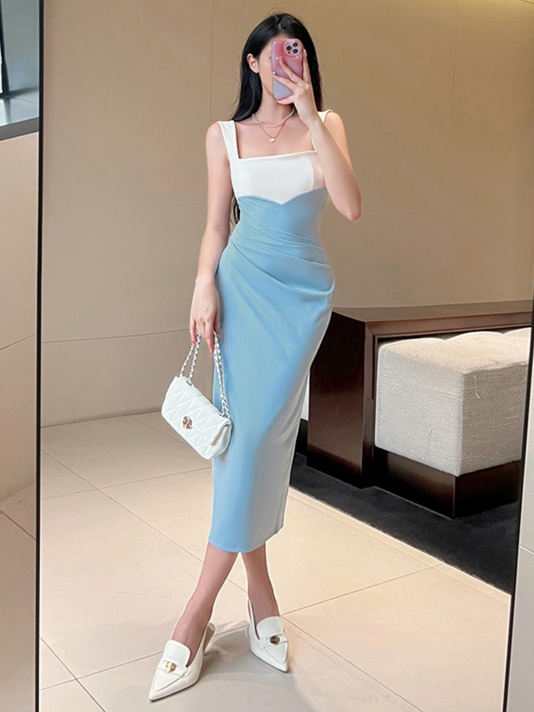 Blue Square Neck Sleeveless Solid Polyester Bodycon Dress