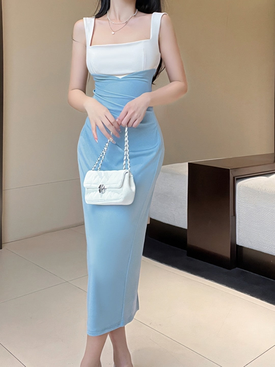 Blue Square Neck Sleeveless Solid Polyester Bodycon Dress