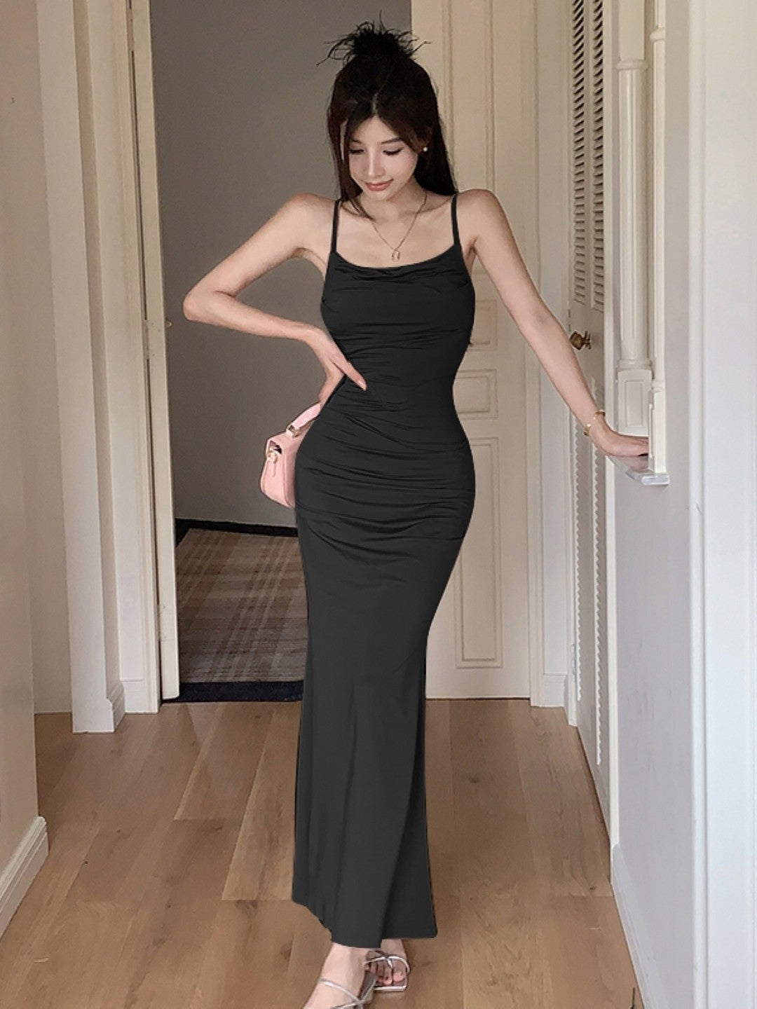 Black Shoulder Strap Sleeveless Solid Polyester Bodycon Dress