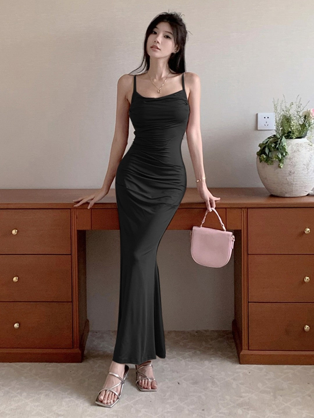 Black Shoulder Strap Sleeveless Solid Polyester Bodycon Dress