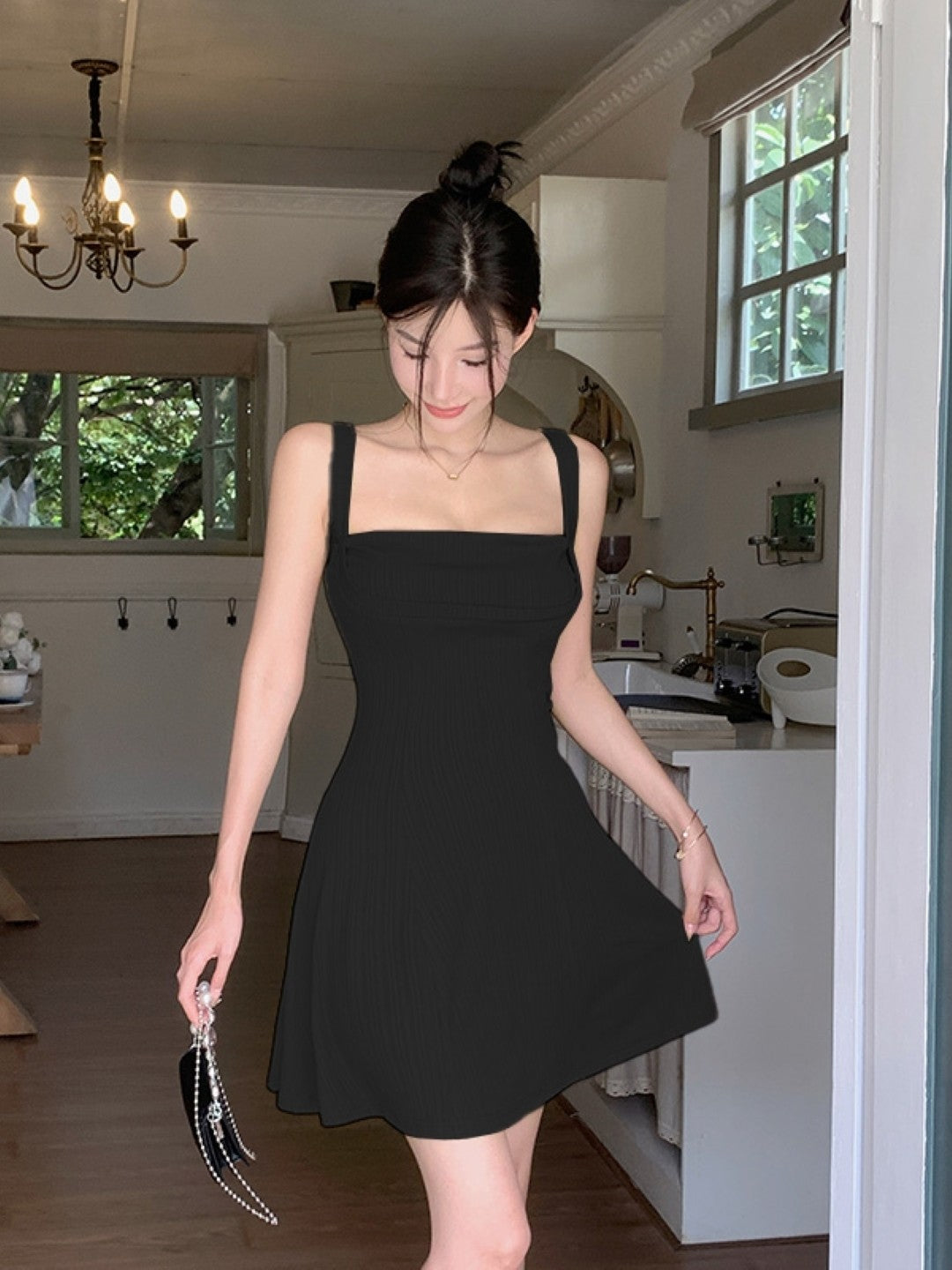 Black Square Neck Sleeveless Solid Polyester A-Line Dress