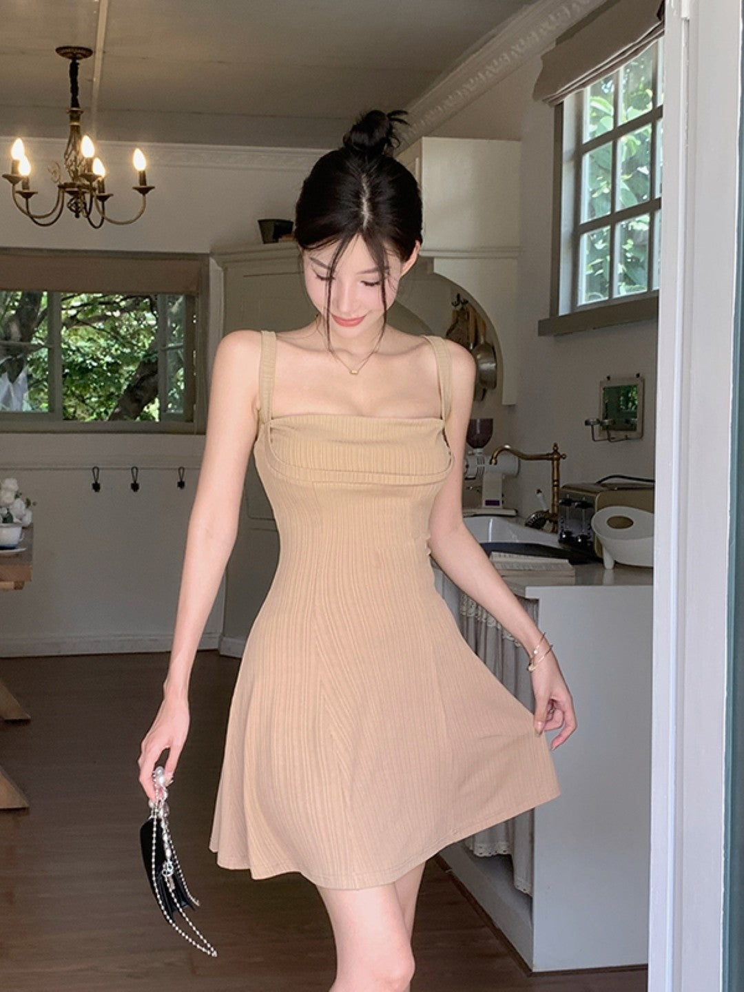 Khaki Square Neck Sleeveless Solid Polyester A-Line Dress