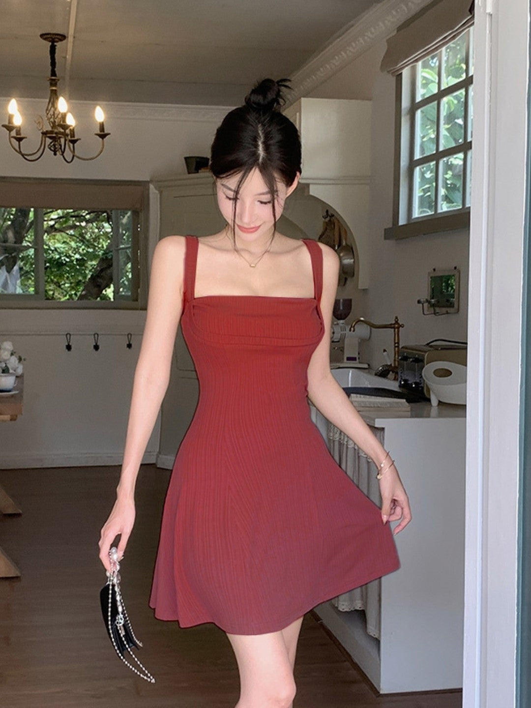 Red Square Neck Sleeveless Solid Polyester A-Line Dress