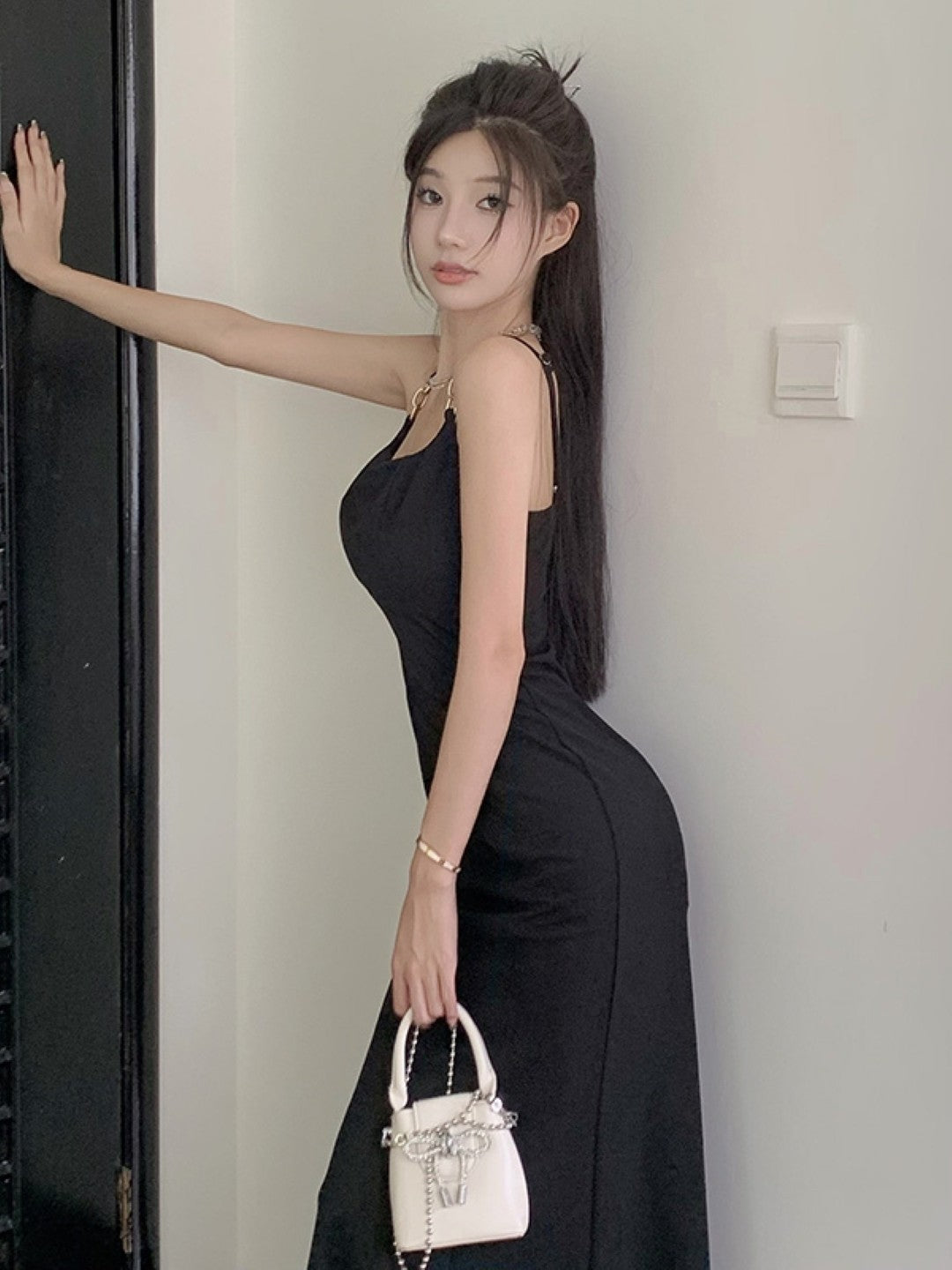 Black Shoulder Strap Sleeveless Solid Polyester Bodycon Dress