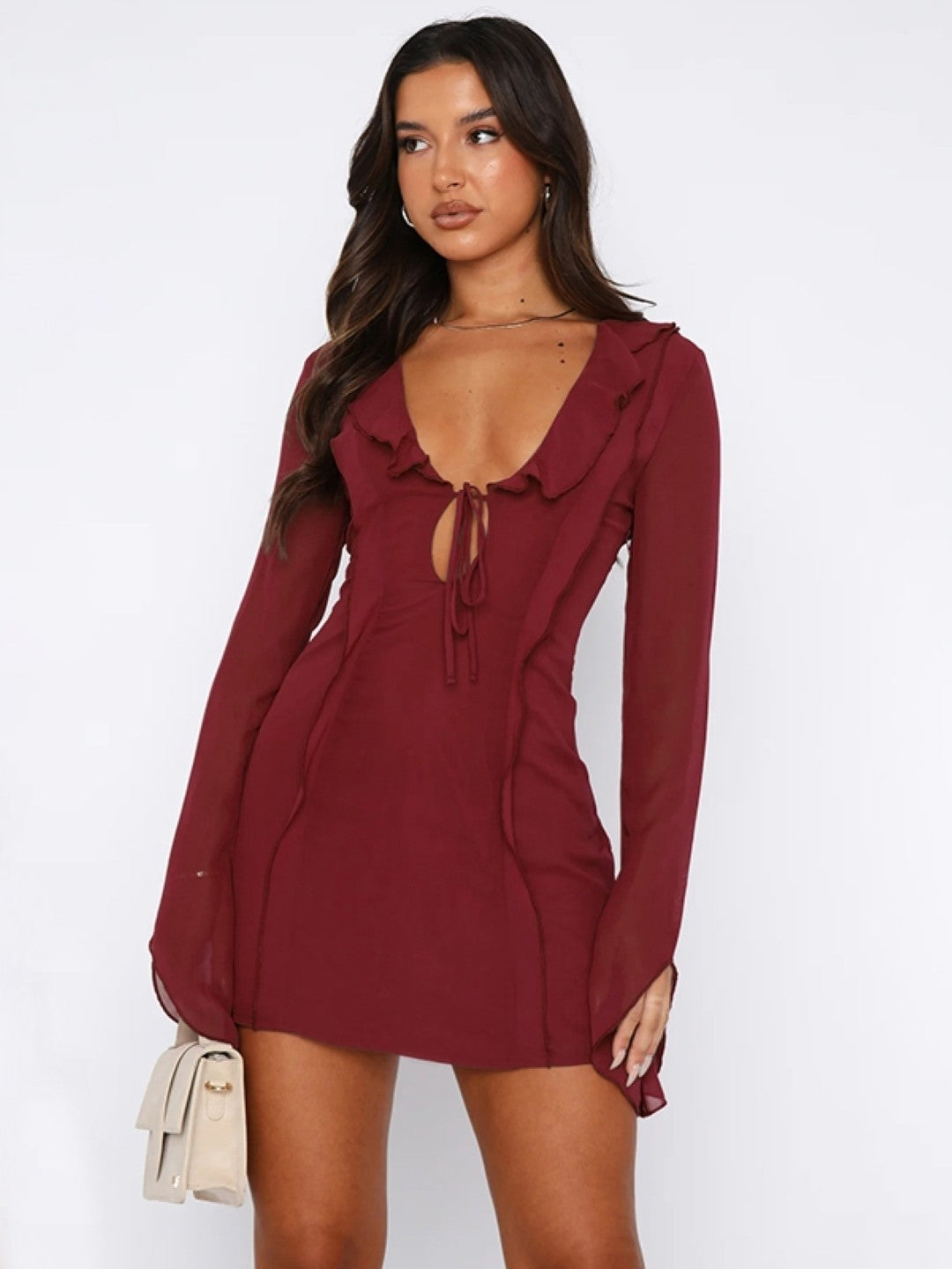 Brown V-Neck Long Sleeves Solid Polyester Bodycon Dress