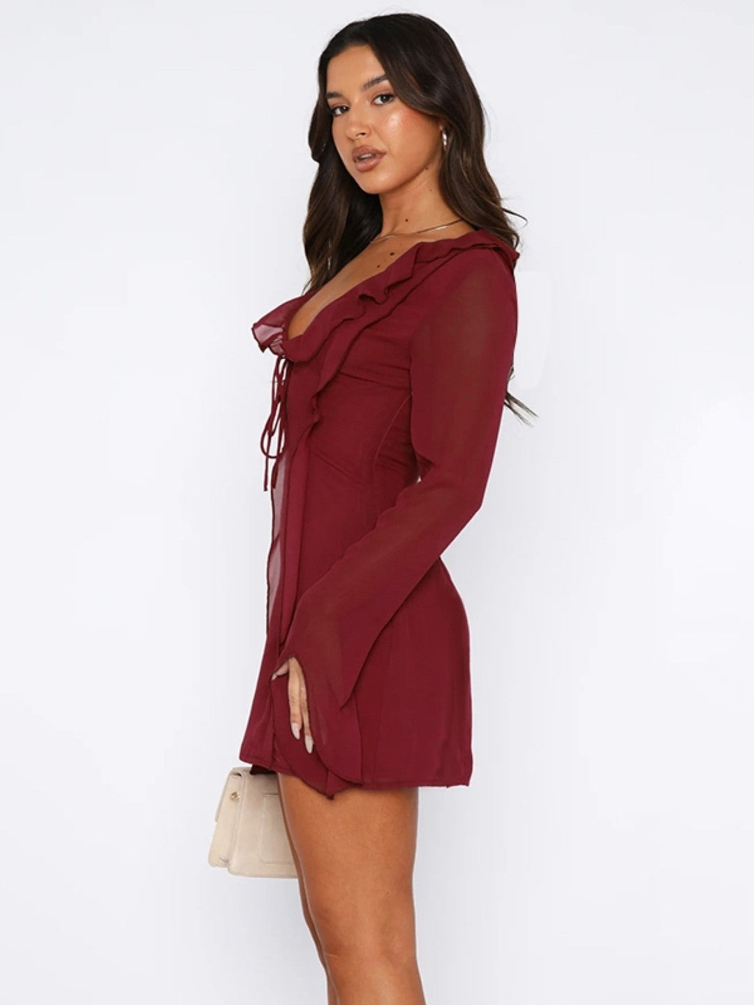 Brown V-Neck Long Sleeves Solid Polyester Bodycon Dress