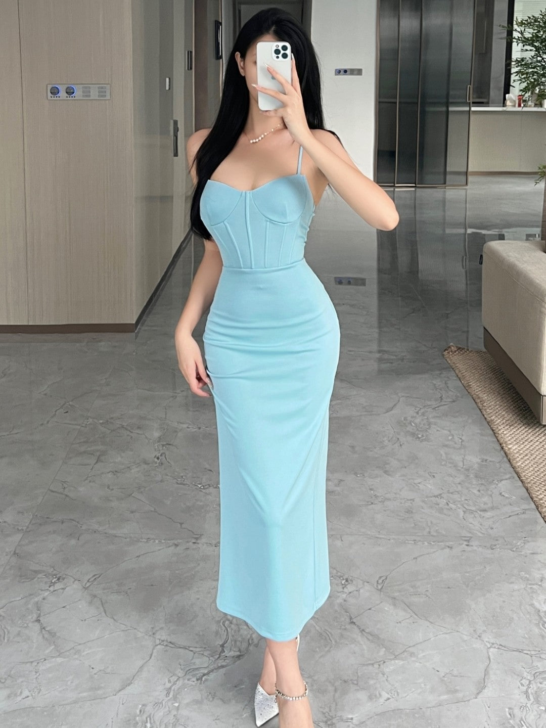 Blue Shoulder Strap Sleeveless Solid Polyester Bodycon Dress