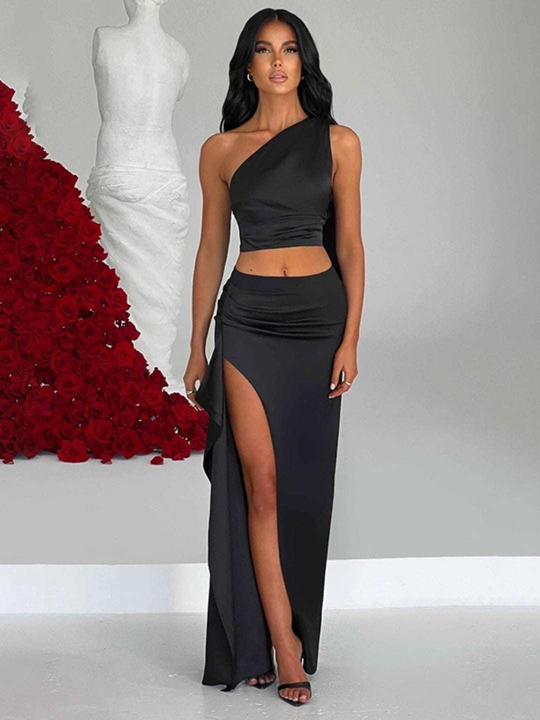 Black One Shoulder Sleeveless Solid Polyester Bodycon Cutout Side Slit Dress