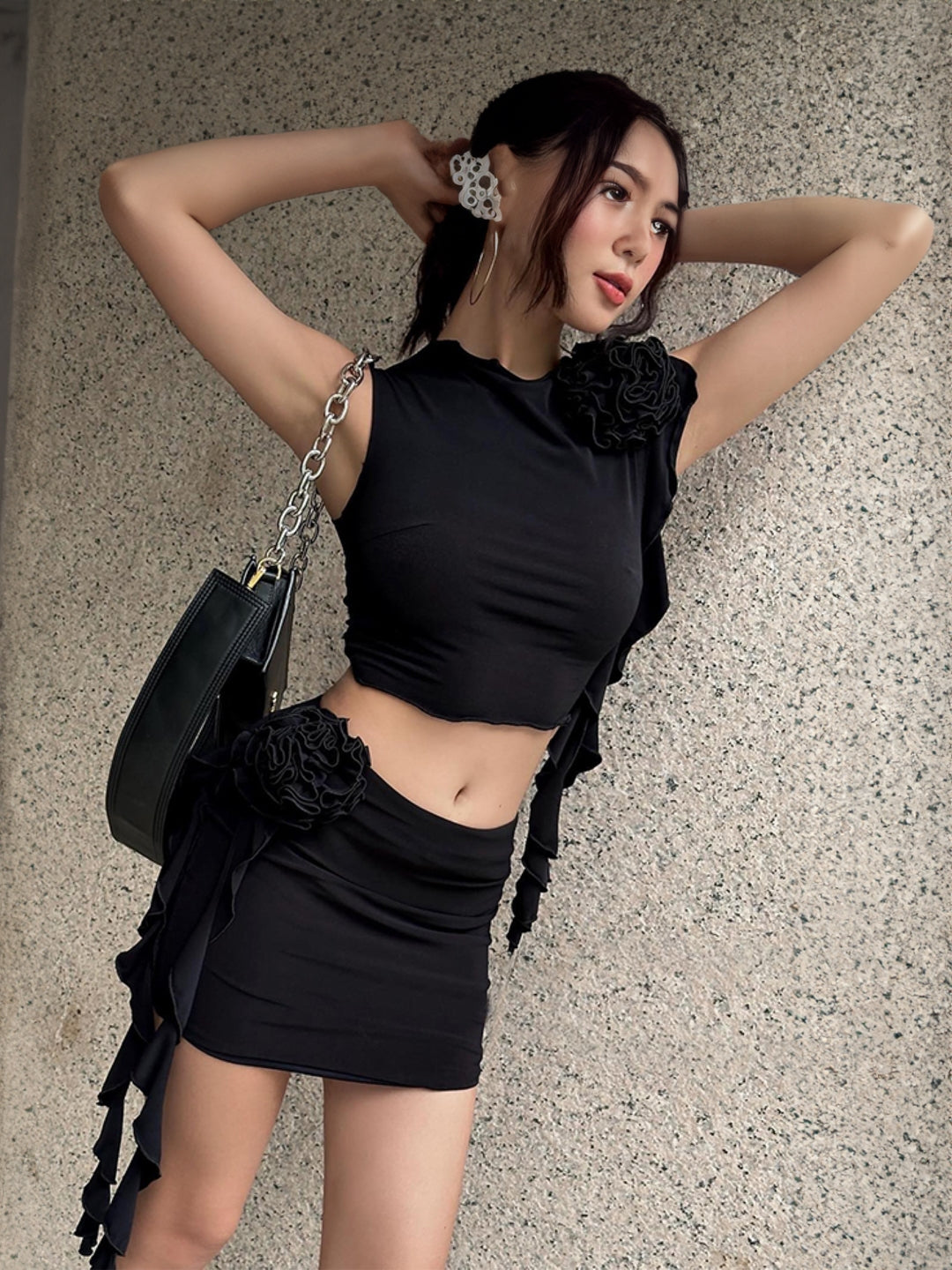 Black Top & Skirt Polyester Clothing Set