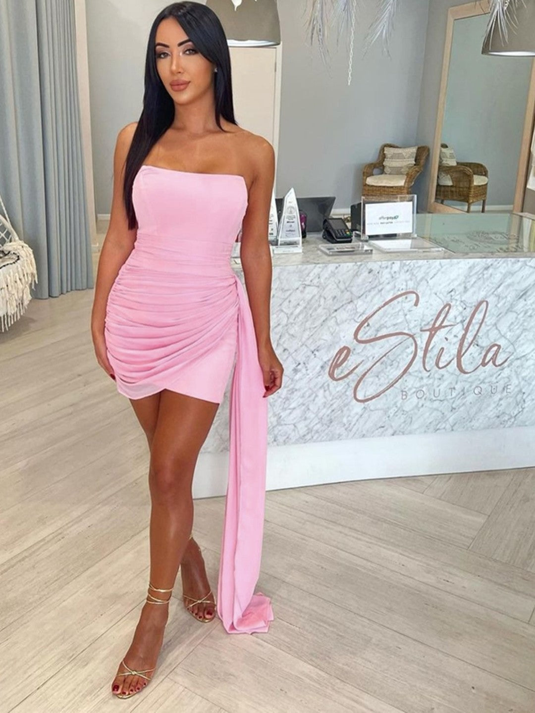 Pink Off Shoulder Sleeveless Solid Polyester Bodycon Dress