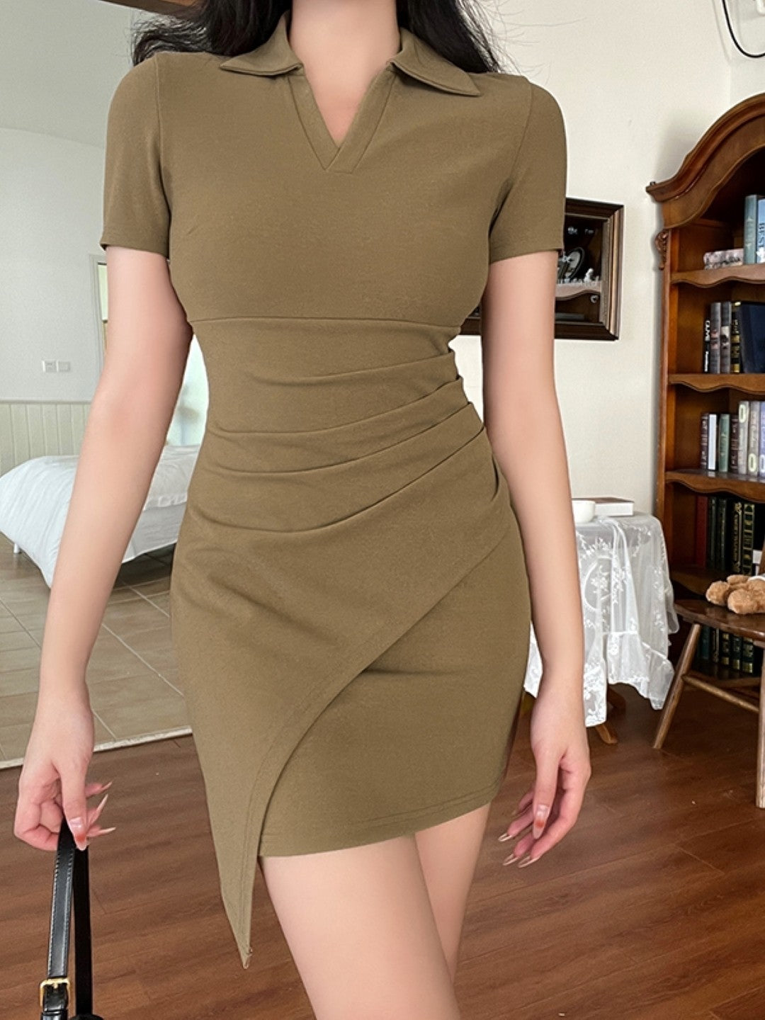 Khaki Shirt Collar Short Sleeves Solid Polyester Bodycon Dress