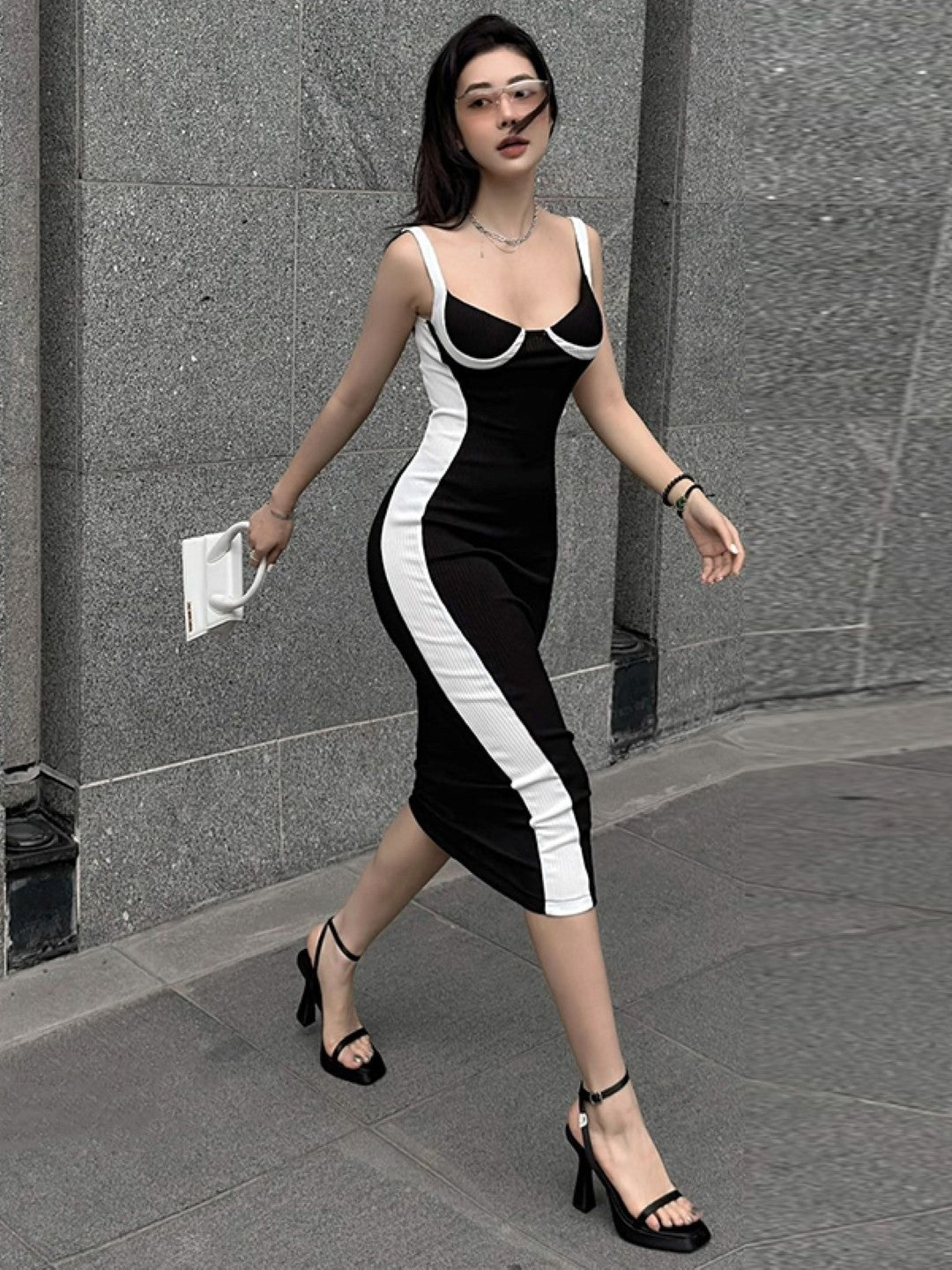 Black Shoulder Strap Sleeveless Solid Polyester Bodycon Dress