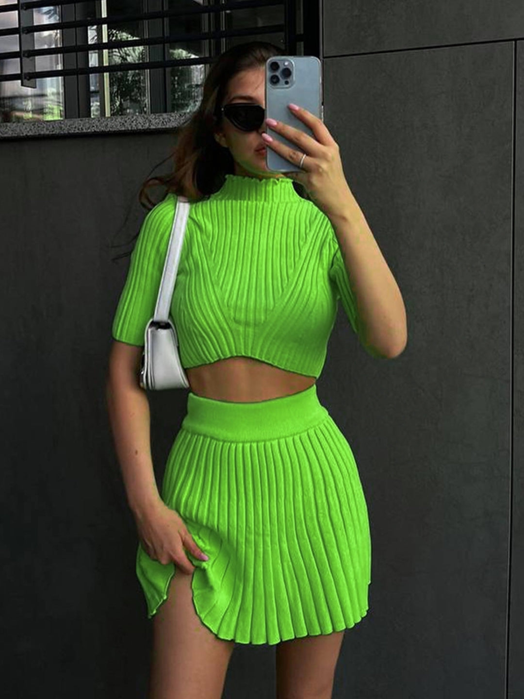 Green Top & Skirt Polyester Clothing Set