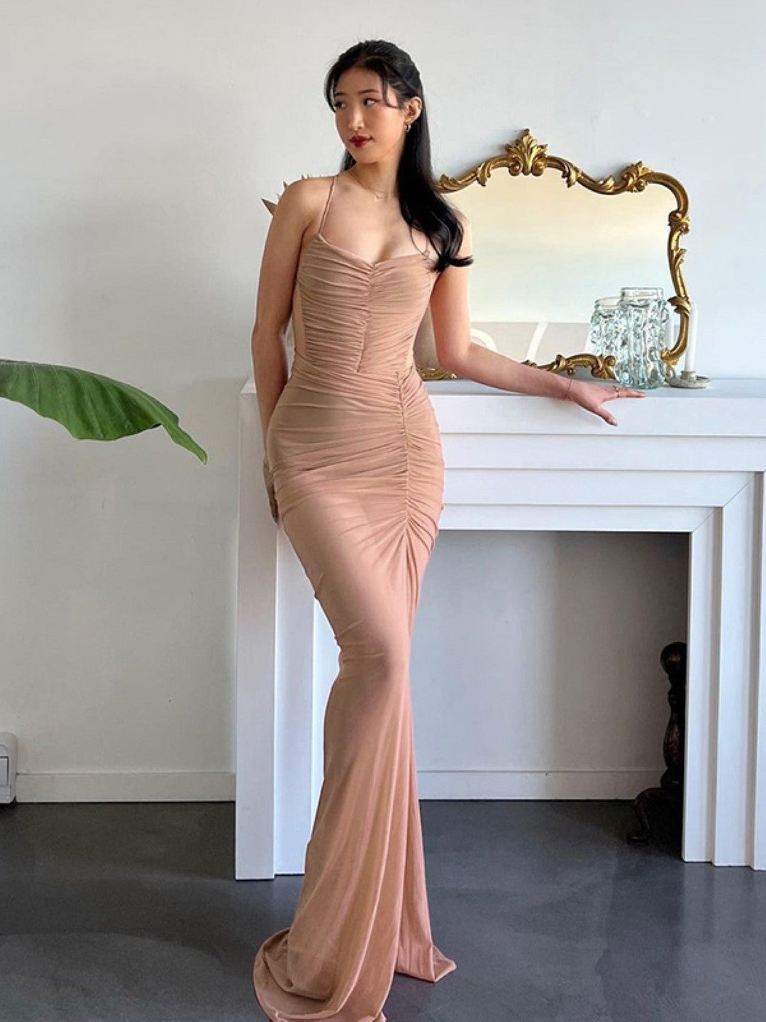 Beige Shoulder Strap Sleeveless Solid Polyester Bodycon Side Slit Dress