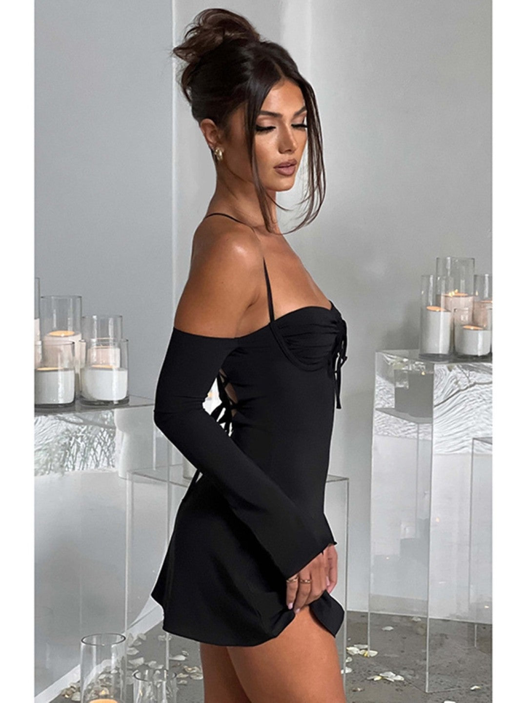 Black Shoulder Strap Long Sleeves Solid Polyester Bodycon Dress