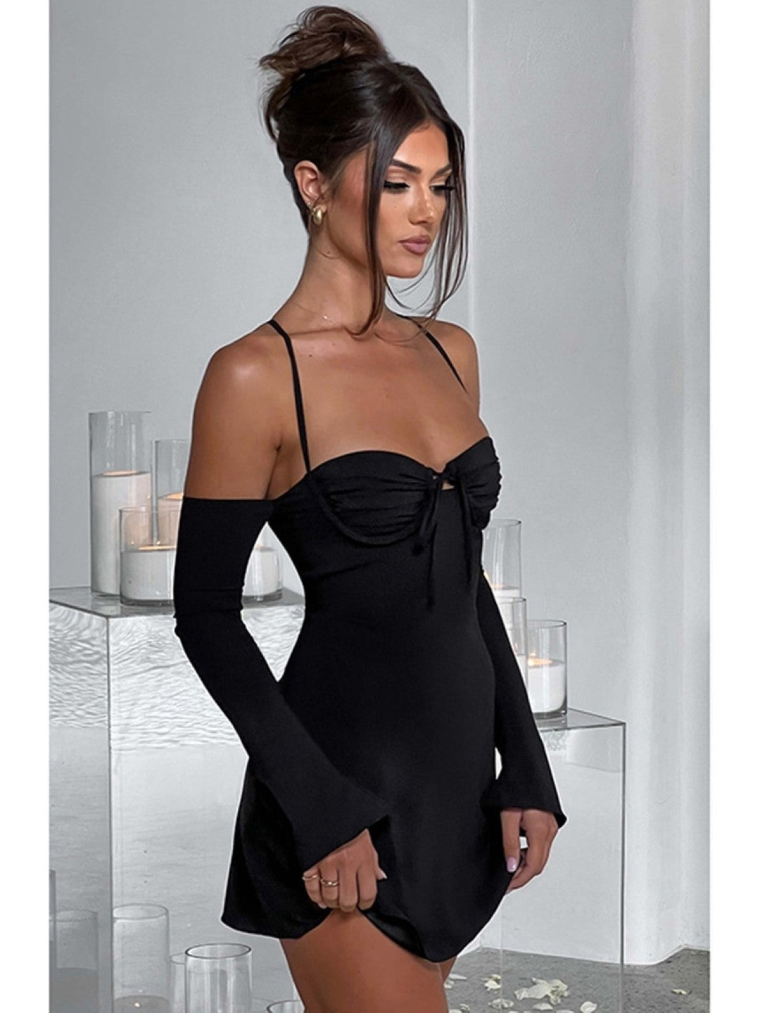 Black Shoulder Strap Long Sleeves Solid Polyester Bodycon Dress